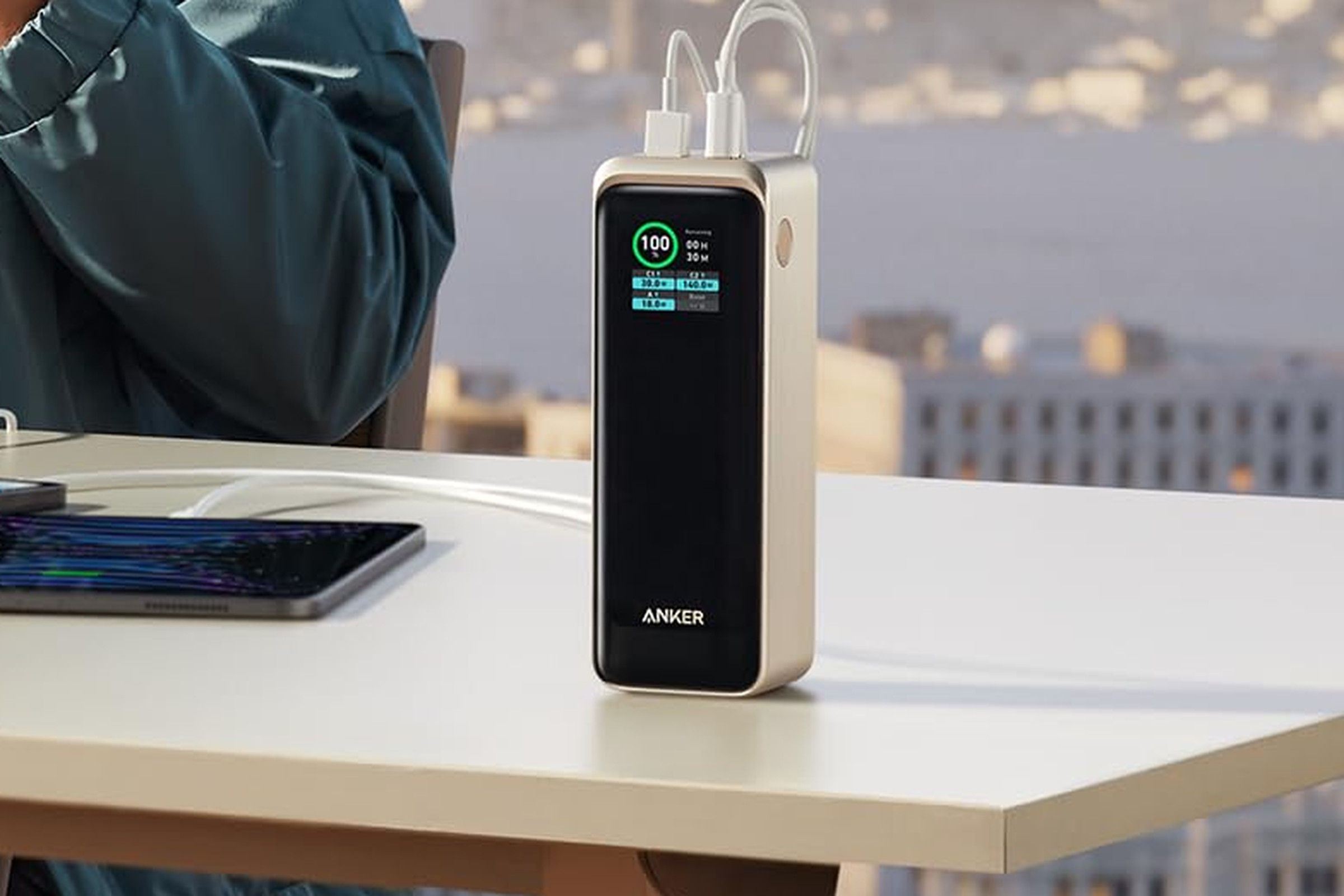 Anker power bank sitting on table