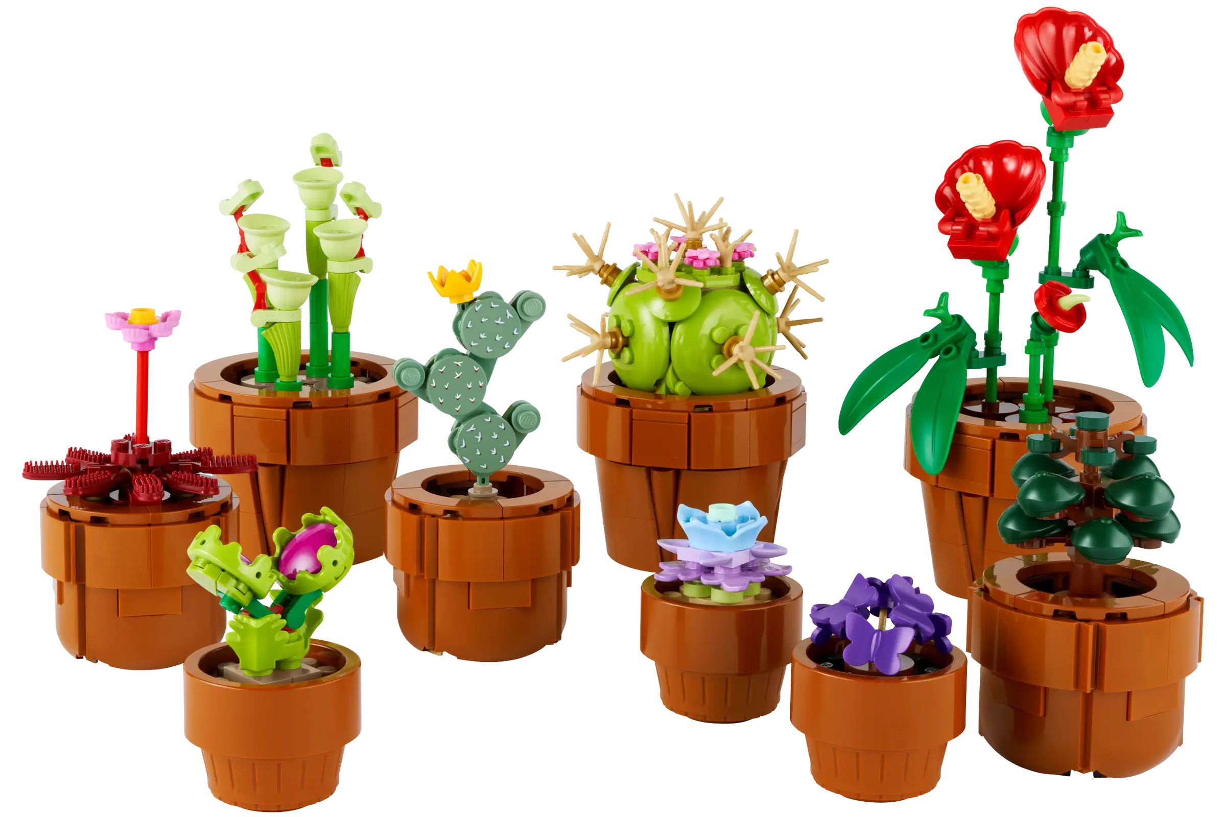 An assortment of tiny potted plants all built from Lego.