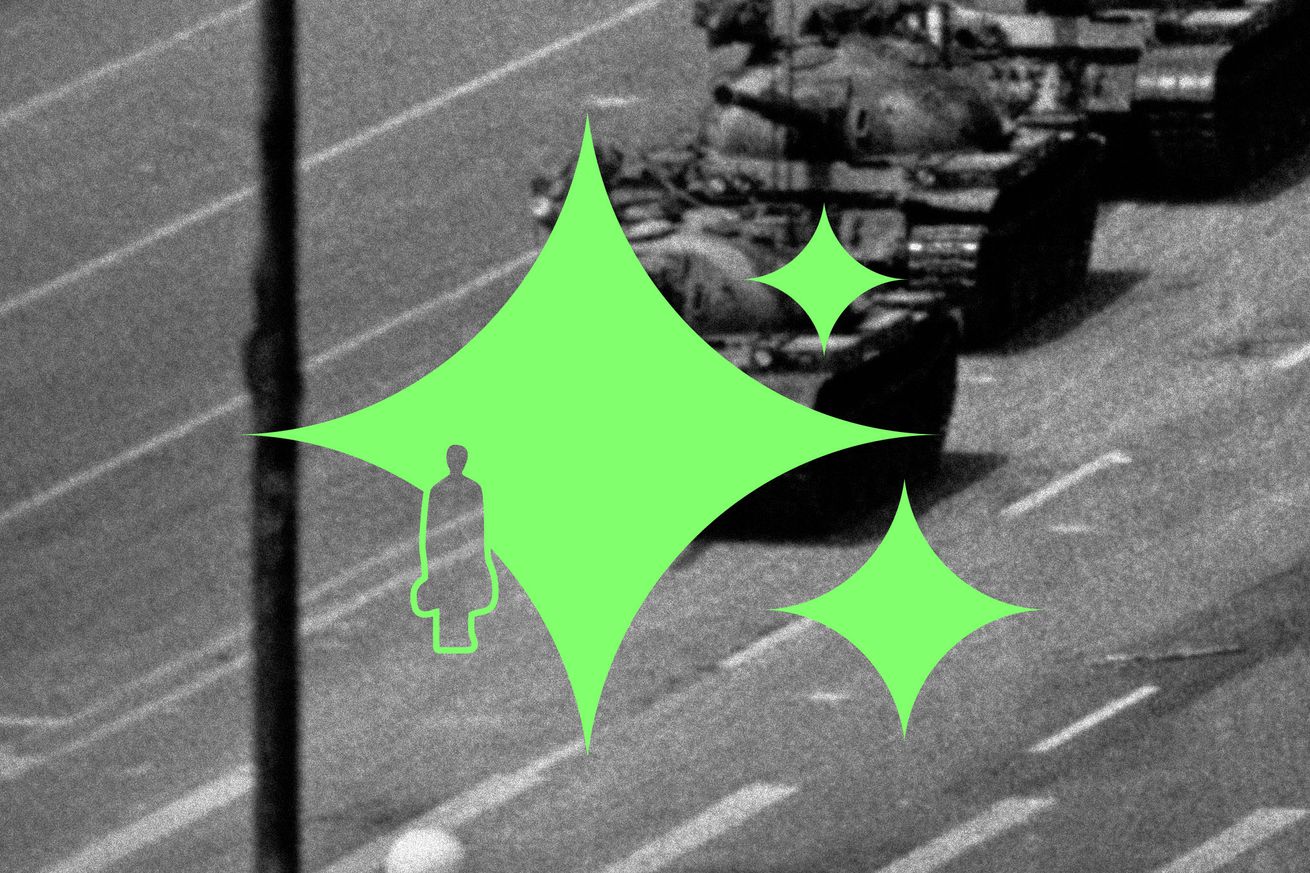 Photocollage of the famous “Tank Man” photo from Tiananmen Square, of an individual standing in front of a column of Type 59 tanks, digitally altered to look like the central figure is missing from the photograph.