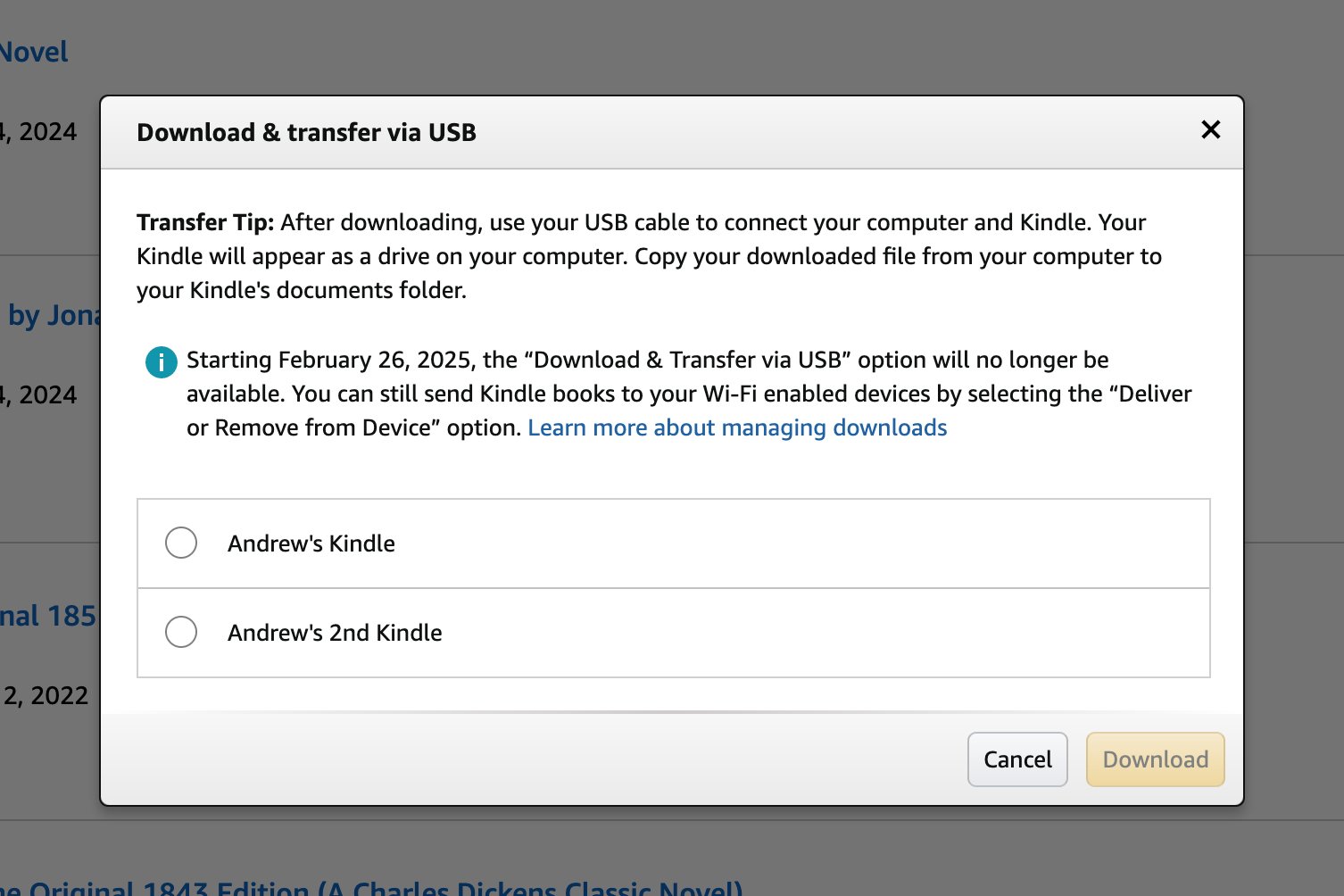 A screenshot of Amazon’s website showing a warning that a feature for downloading ebooks is being removed.