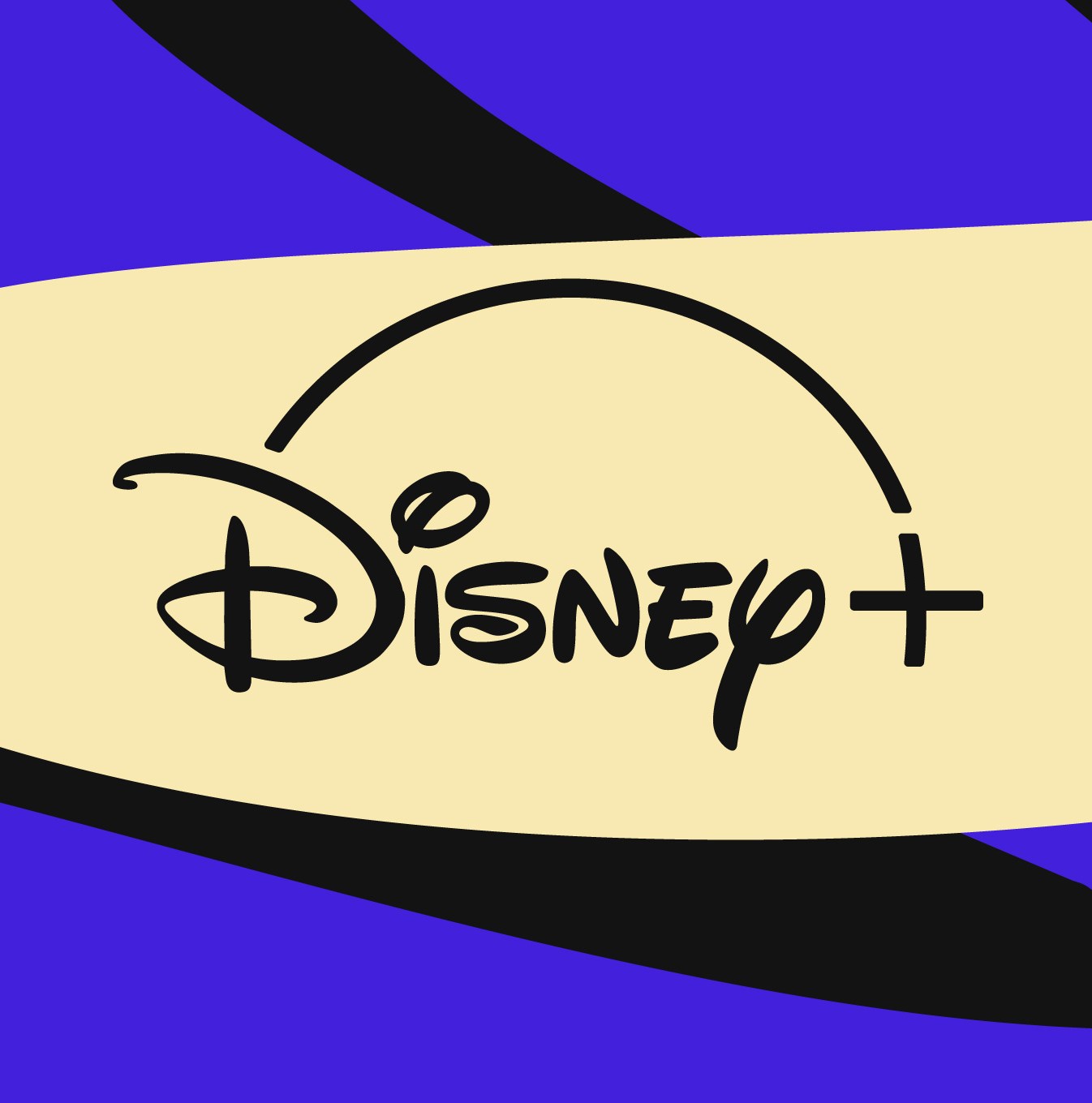 The Disney Plus logo on a beige and purple background
