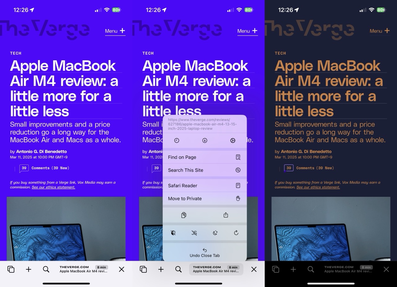 Three screenshots of a Quiche Browser