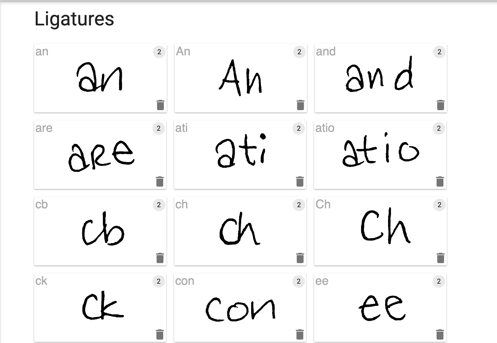 Rows of boxes showing short two and three letter words.