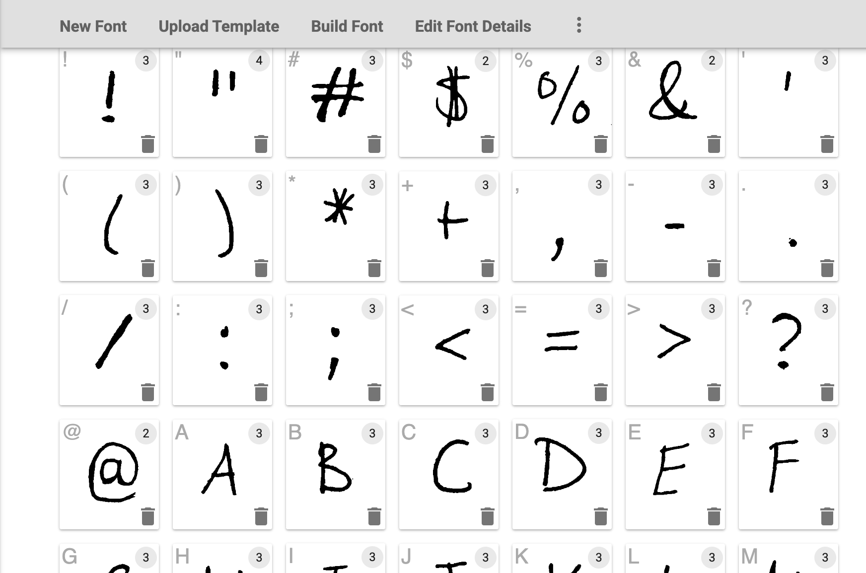 Rows of square each with a single letter or symbol inside