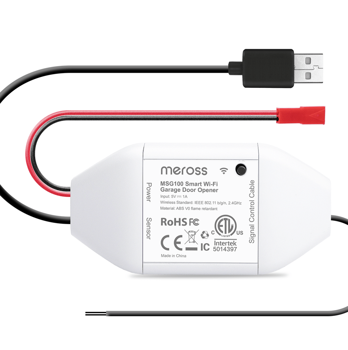 White device labeled Meross with black and red wires coming out