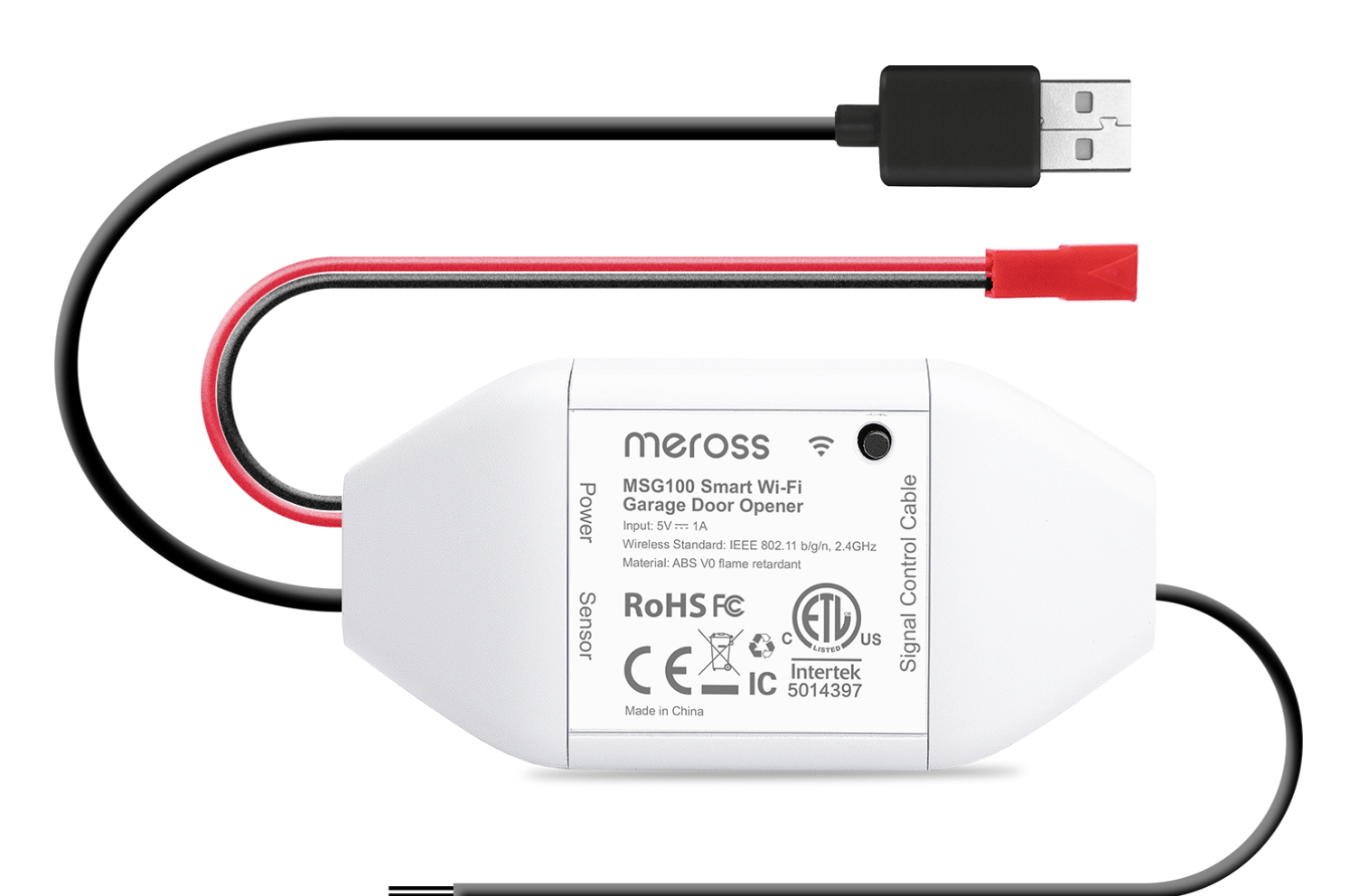 White device labeled Meross with black and red wires coming out