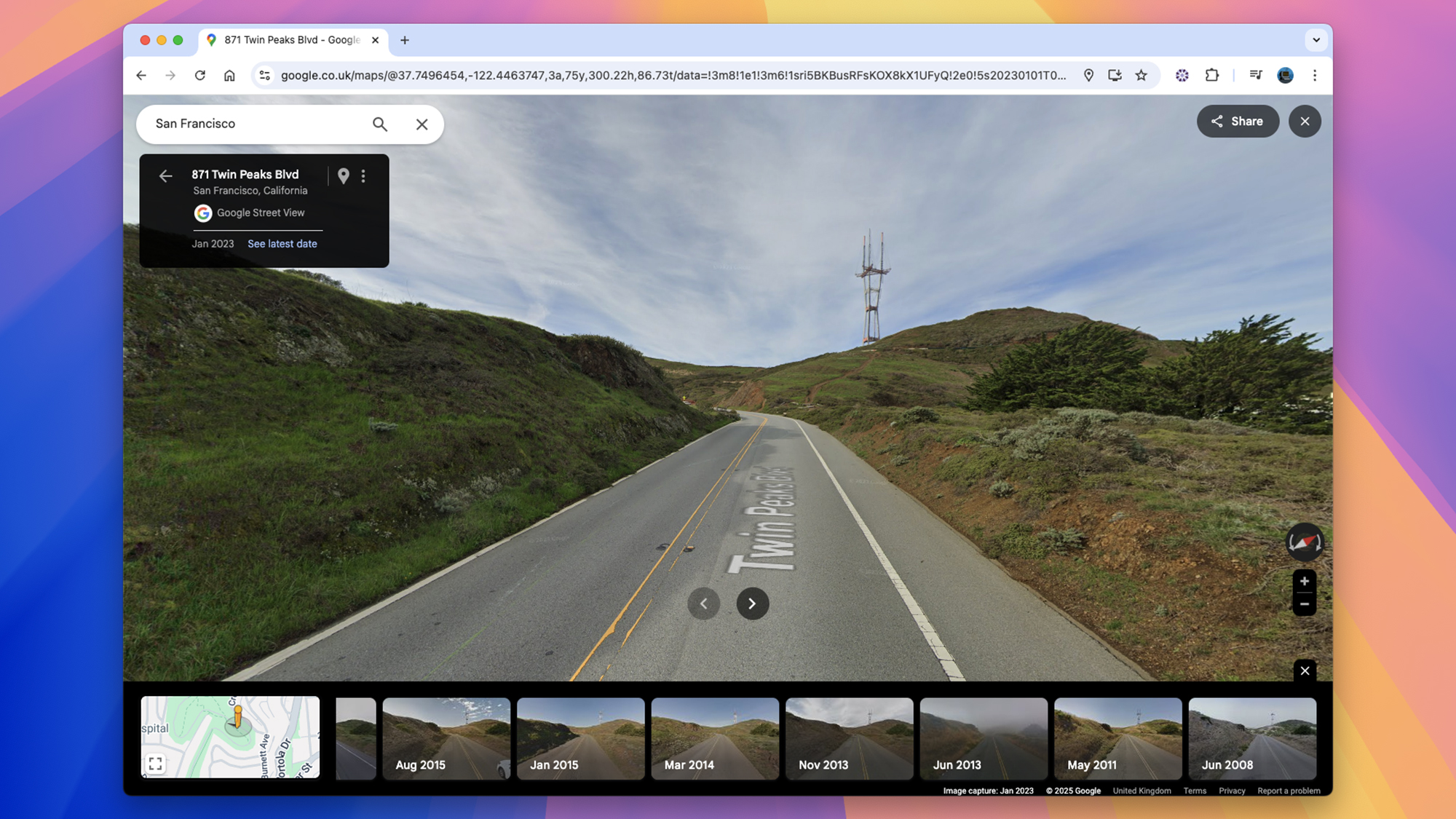Google Map showing a highway with thumbnails of the same scene at different times at the bottom.