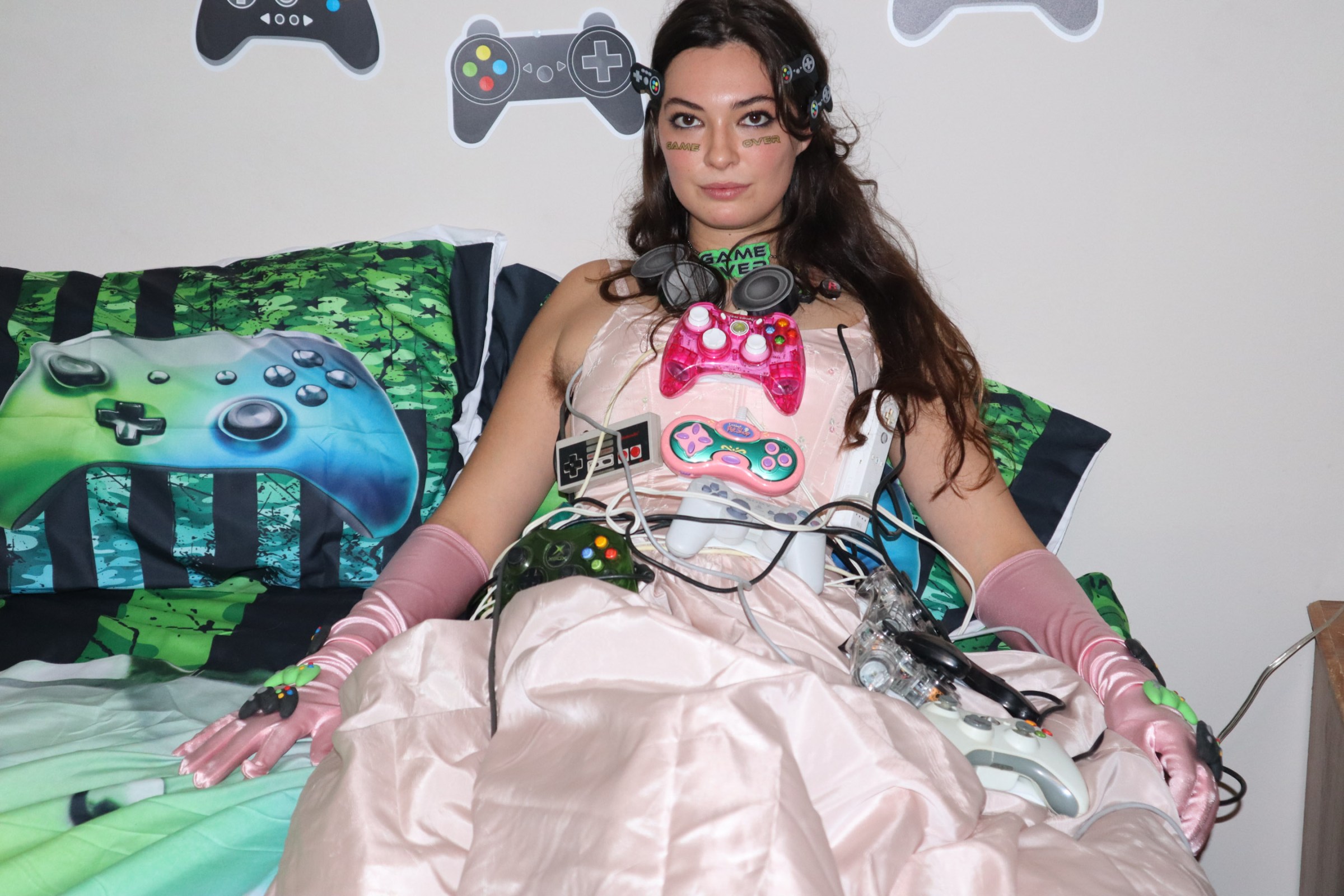 Image of a person in a dress adorned with Y2K technology 