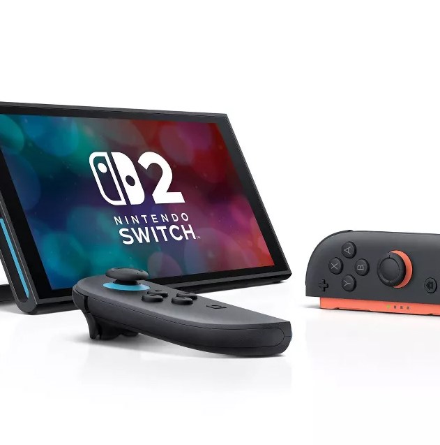 An isolated image of a Switch 2 in tabletop mode with to Joy-Con 2 controllers beside it at an angle.