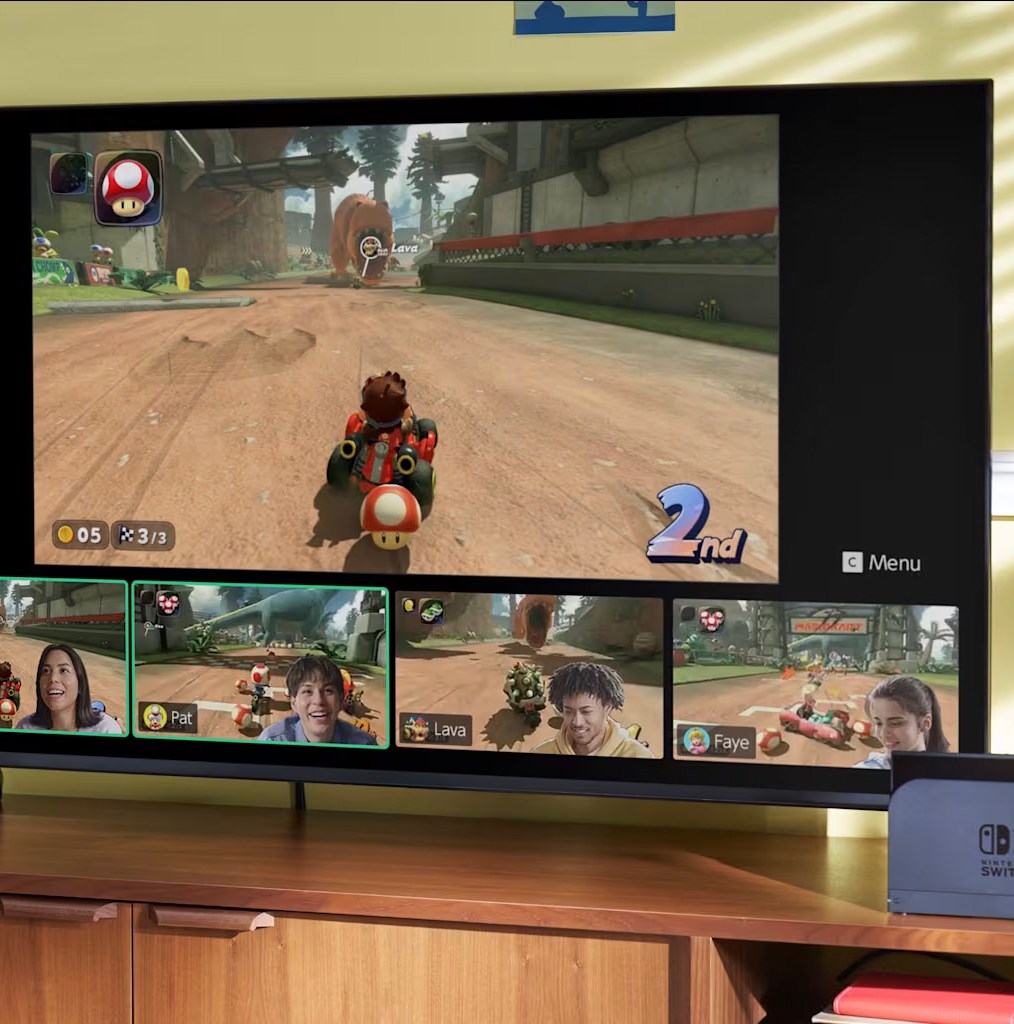 A close-up image of a Nintendo Switch 2 and a TV with Mario Kart World on the screen.
