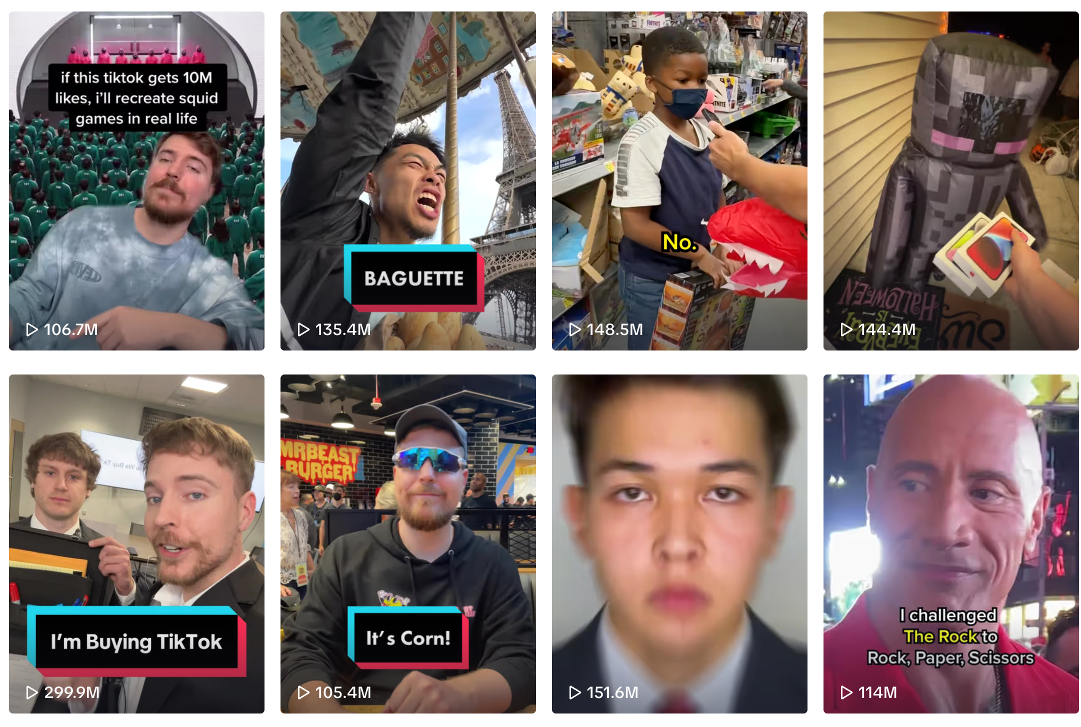 A screenshot showing eight MrBeast TikTok videos.