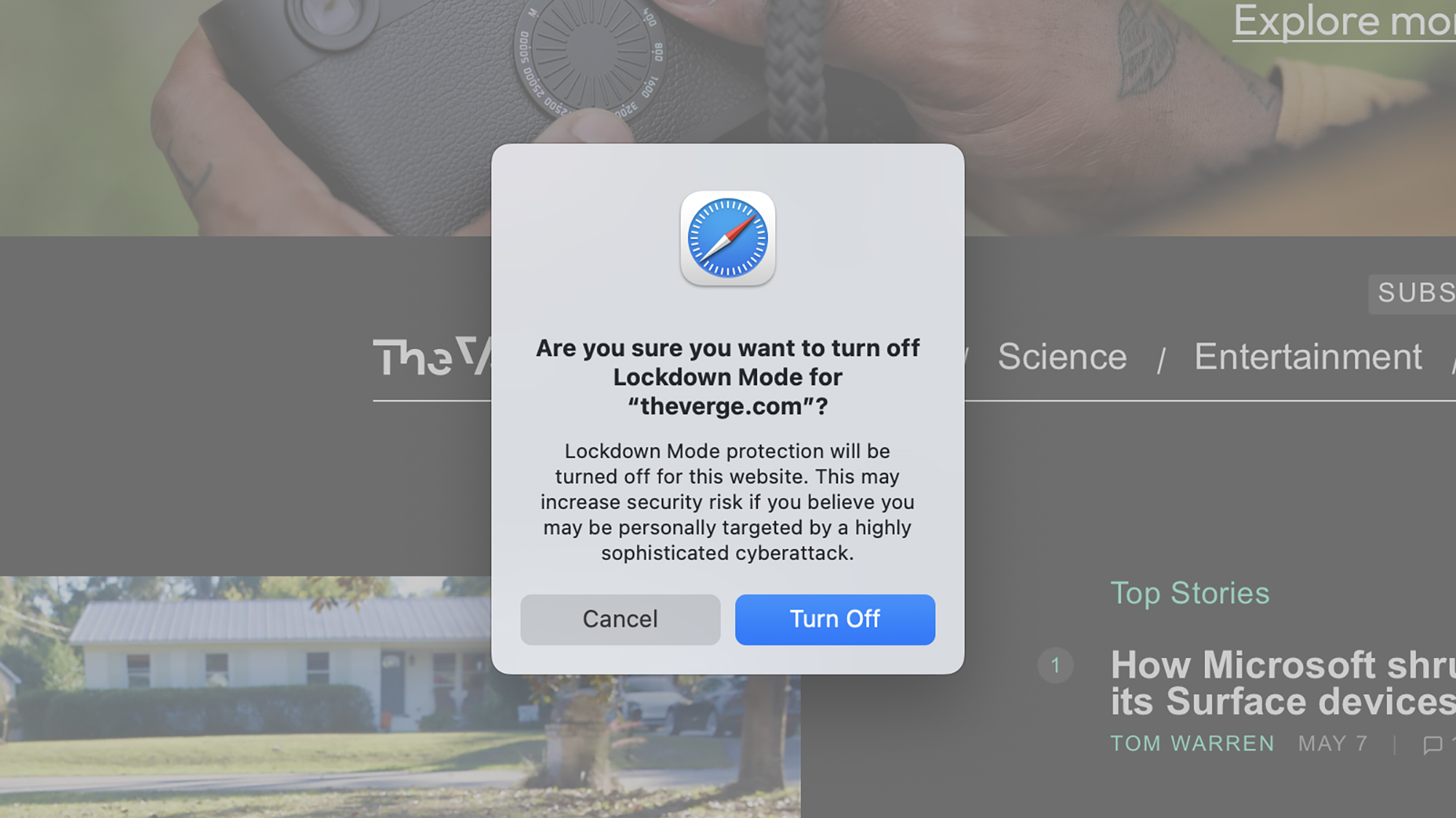 Park of a screen of a Mac with a popup asking “Are you sure you want to turn off Lockdown Mode for ”theverge.com”?