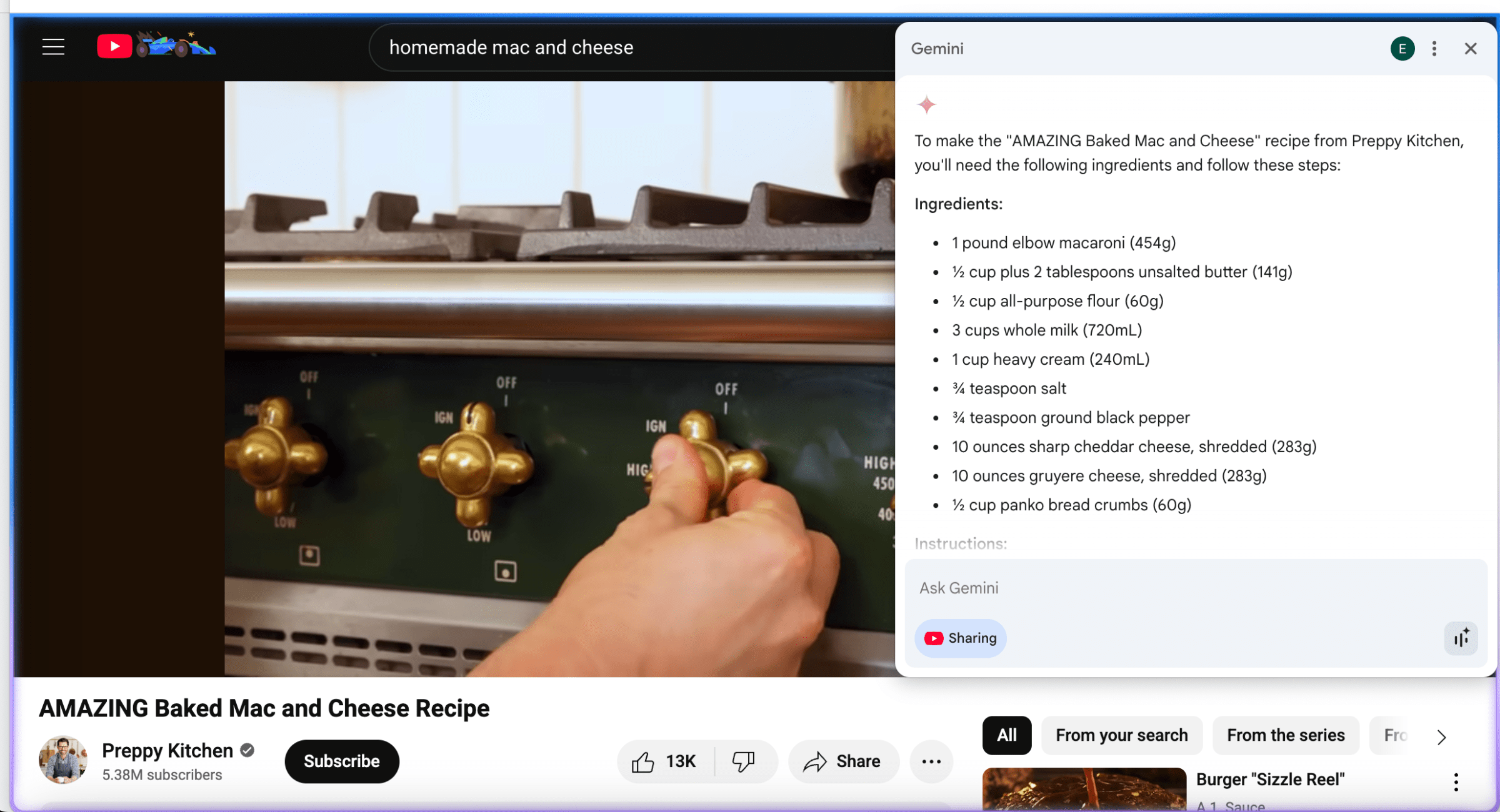 Gemini in Chrome can also pull recipes from YouTube videos. And yes, it matched the actual recipe.