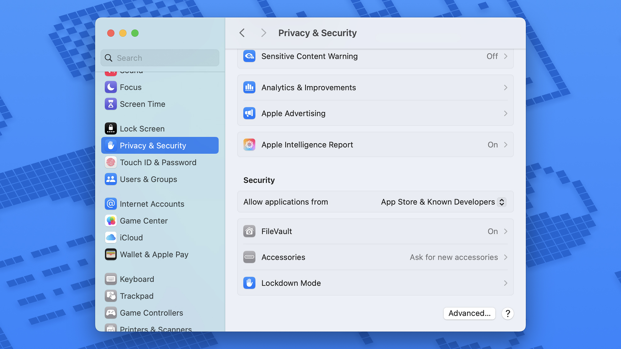 The Privacy & Security page on a Mac’s setup app, with Lockdown Mode at the bottom.