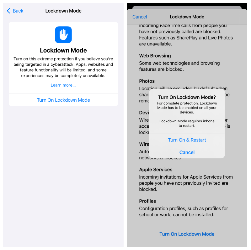 Two screenshots. Left: a pop-up headed Lockdown Mode with a graphic of a hand and a a paragraph of explanation. Right: a long explanation of what Lockdown mode does with a pop-up asking if you want to “Turn on Lockdown Mode?”