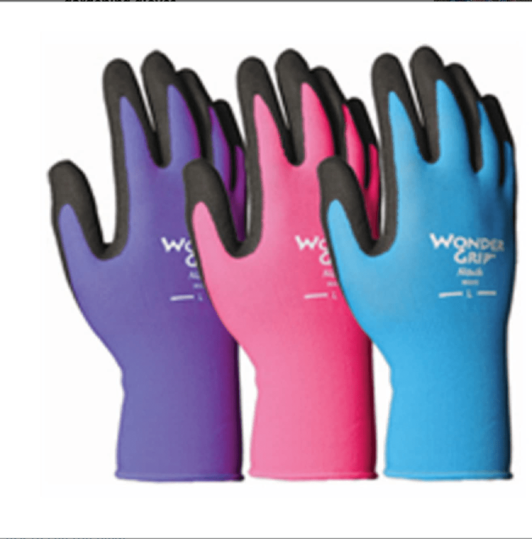 Three pairs of plastic gloves: purple, pink, and blue.