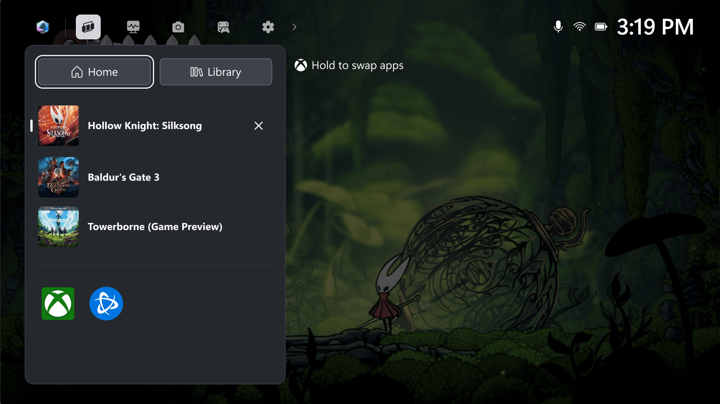 The Game Bar lets you access device settings and quickly navigate around.