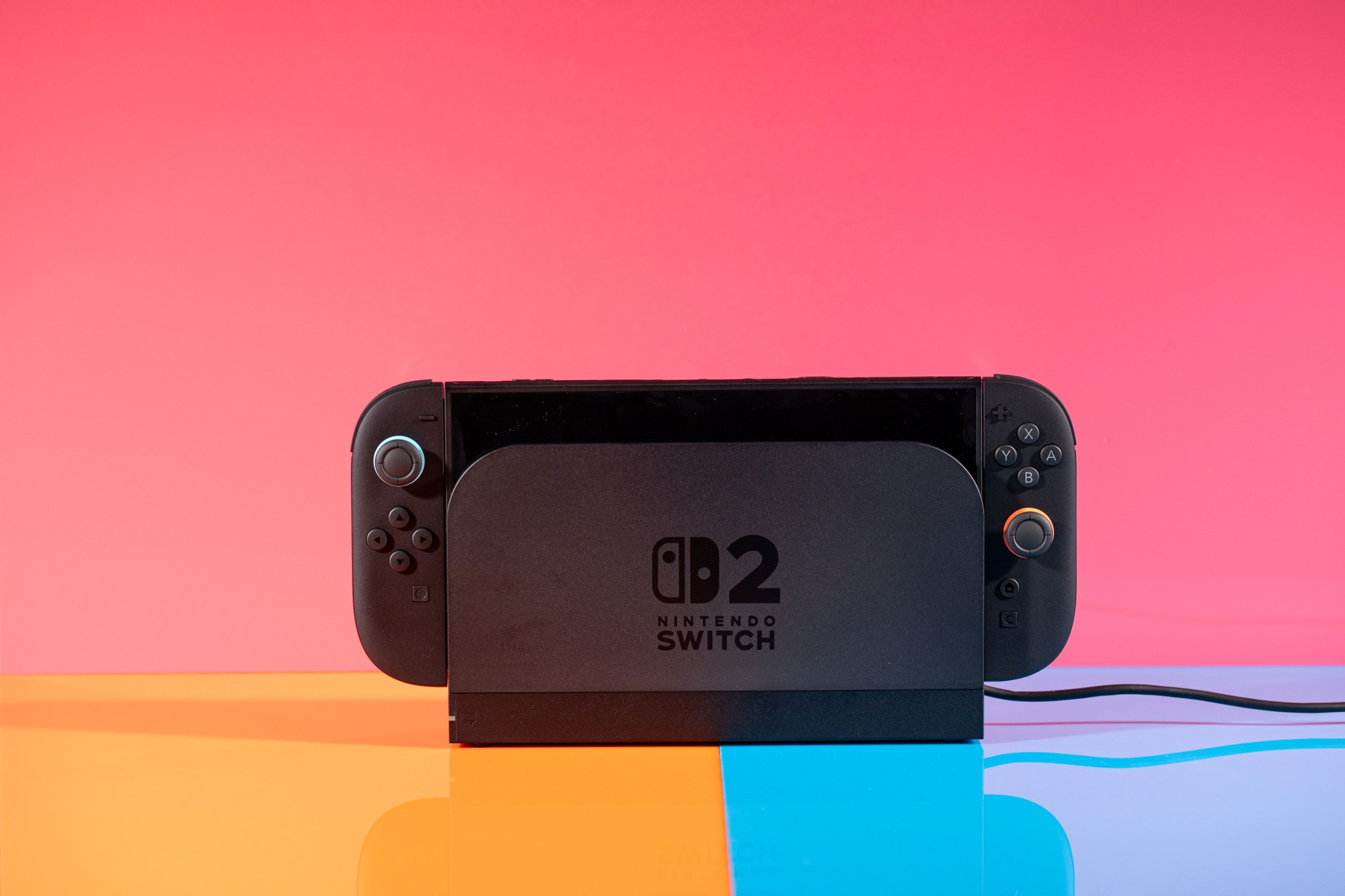 A photo of the Nintendo Switch 2 in its charging dock.