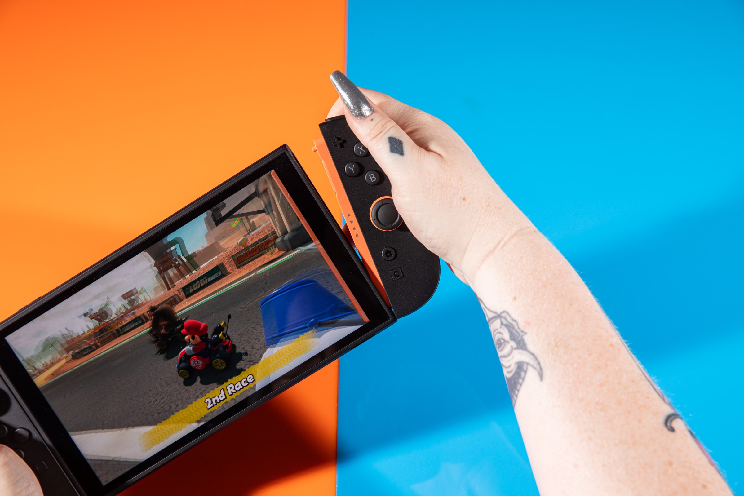 A photo of Mario Kart World running on a Nintendo Switch 2 in handheld mode.