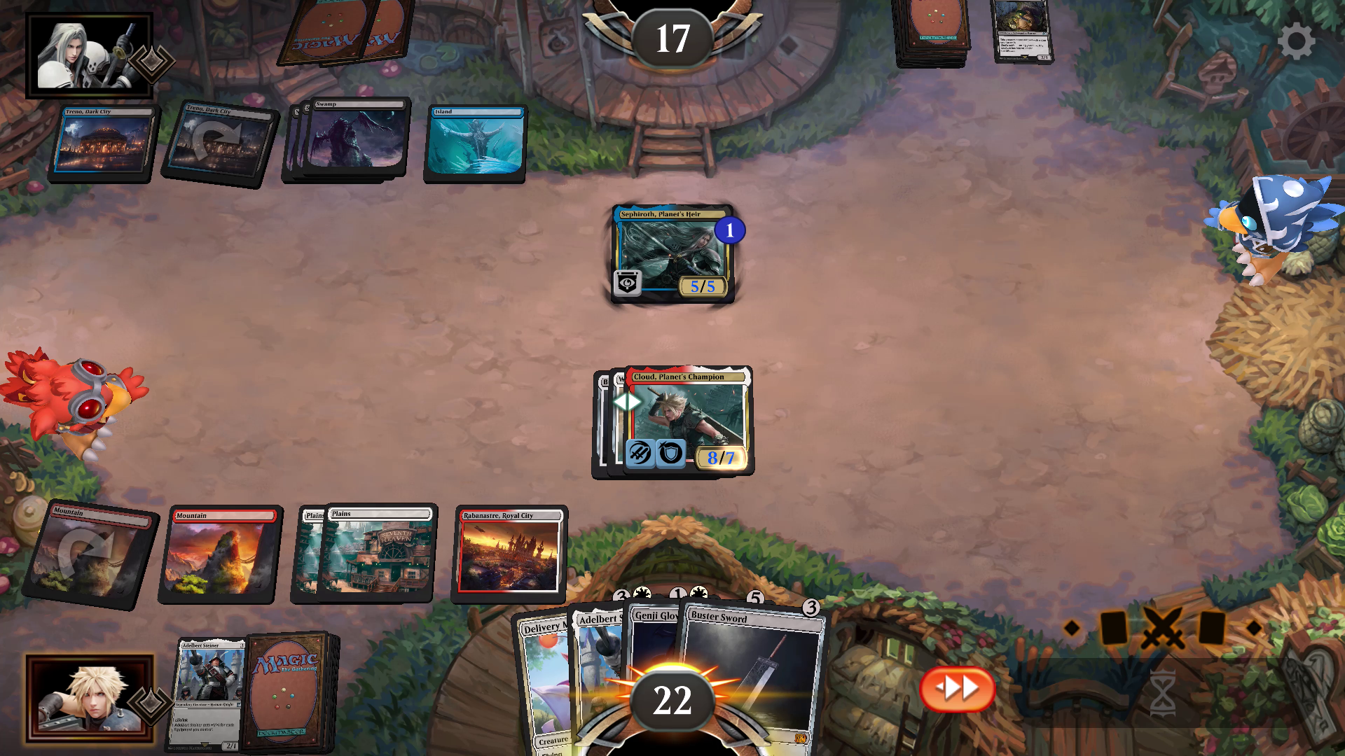 Screenshot from Magic The Gathering Arena featuring a field of digital play cards with two opponents facing each other with avatars of Sephiroth and Cloud