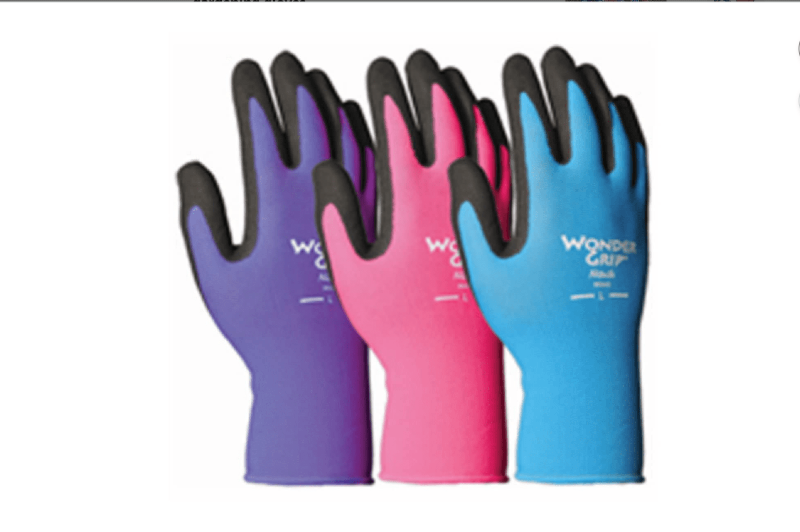 Three pairs of plastic gloves: purple, pink, and blue.