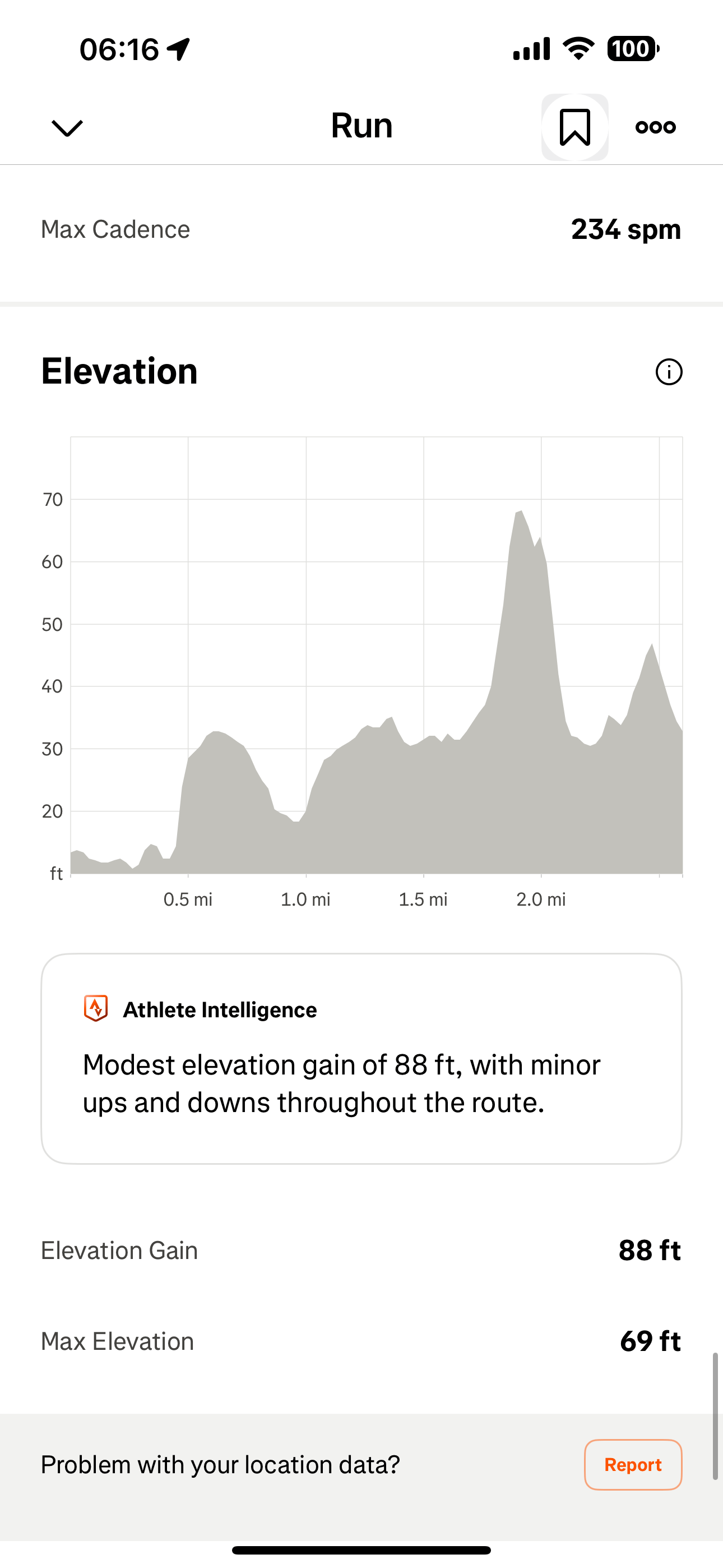 Screenshot of a Strava run’s Elevation graph where it restates the elevation data shown directly above and below it in a graph.