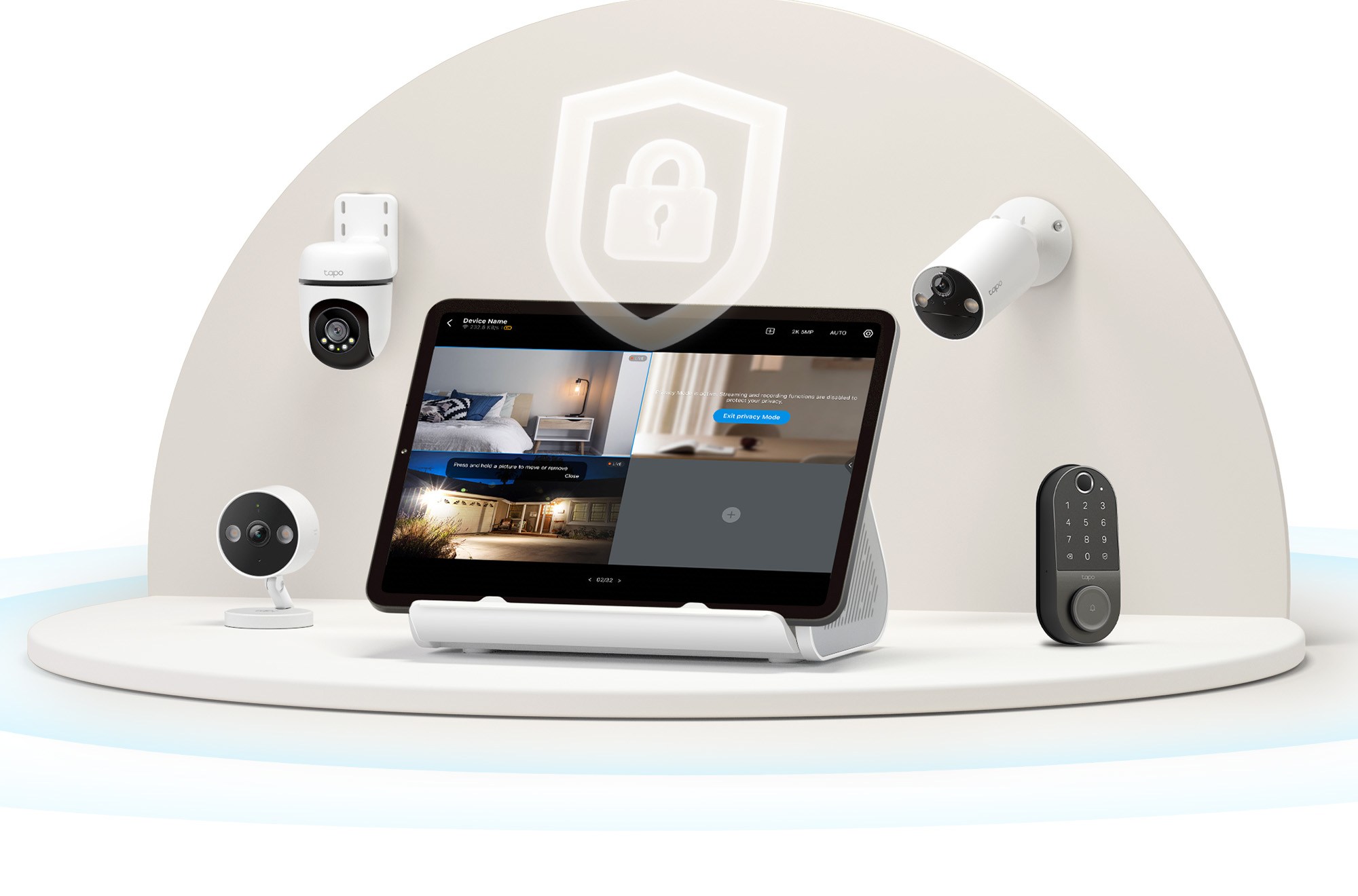 Tapo’s HomeBase (H500) Hub is a central control system for Tapo cameras and smart home devices. It can be connected to a tablet for viewing footage.