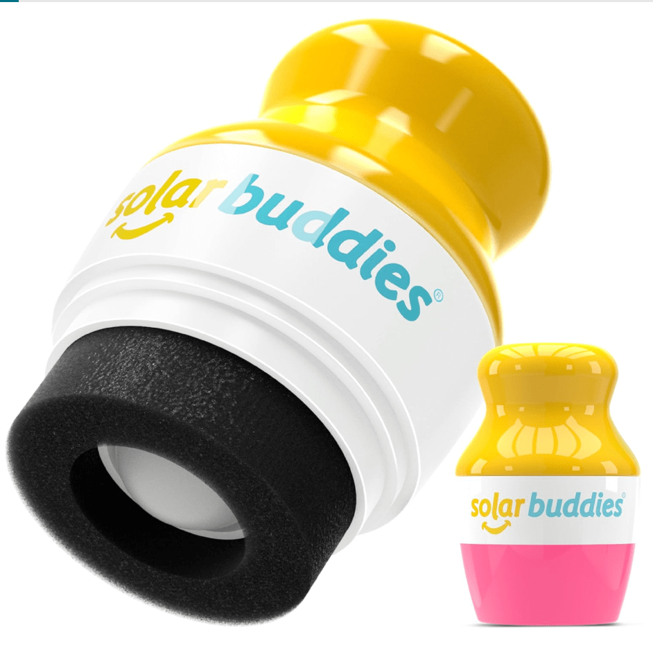 Two sunscren applicators, one floating in close-up, one upright and smaller.