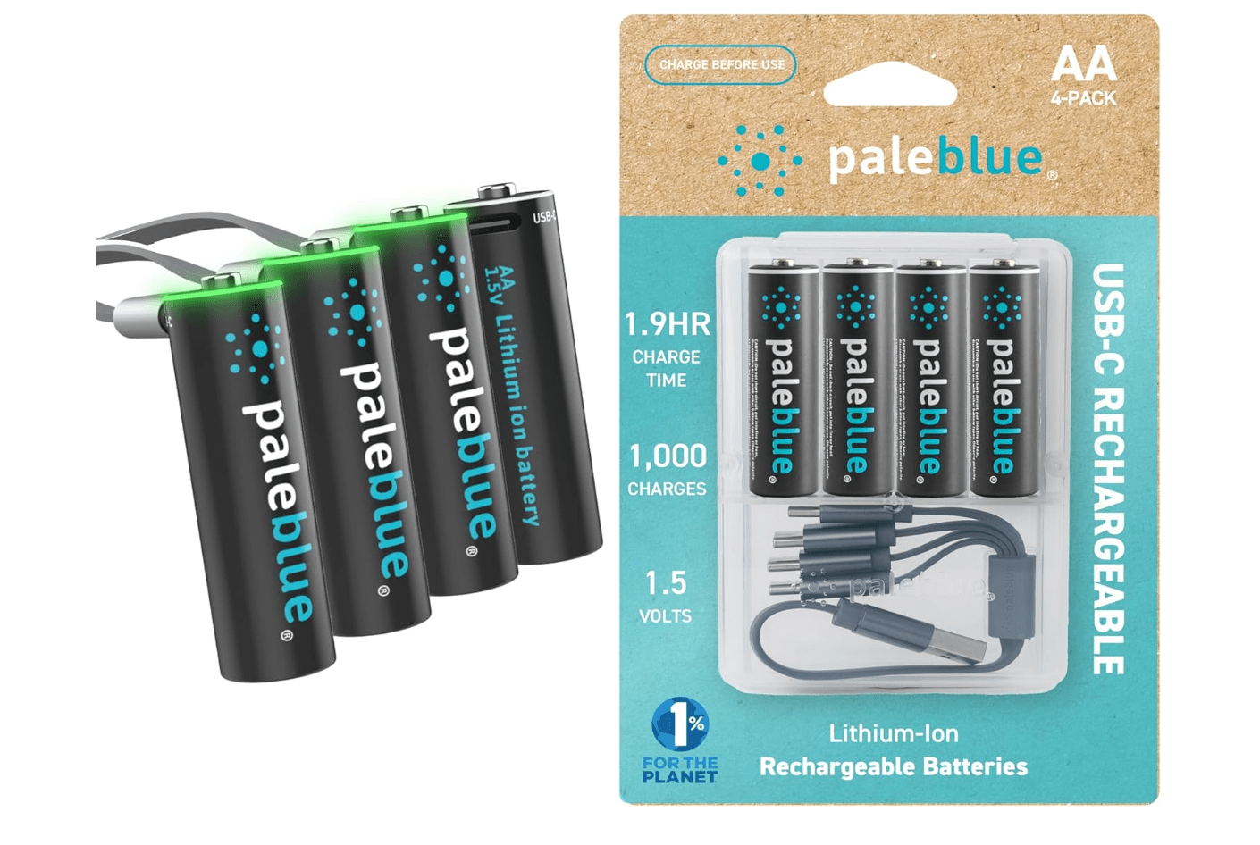 Four AA batteries on the left, a package of the same batteries on the right.