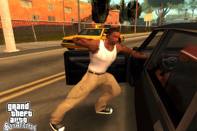 Screenshot from GTA San Andreas featuring one of the main characters punching into an open car dor.