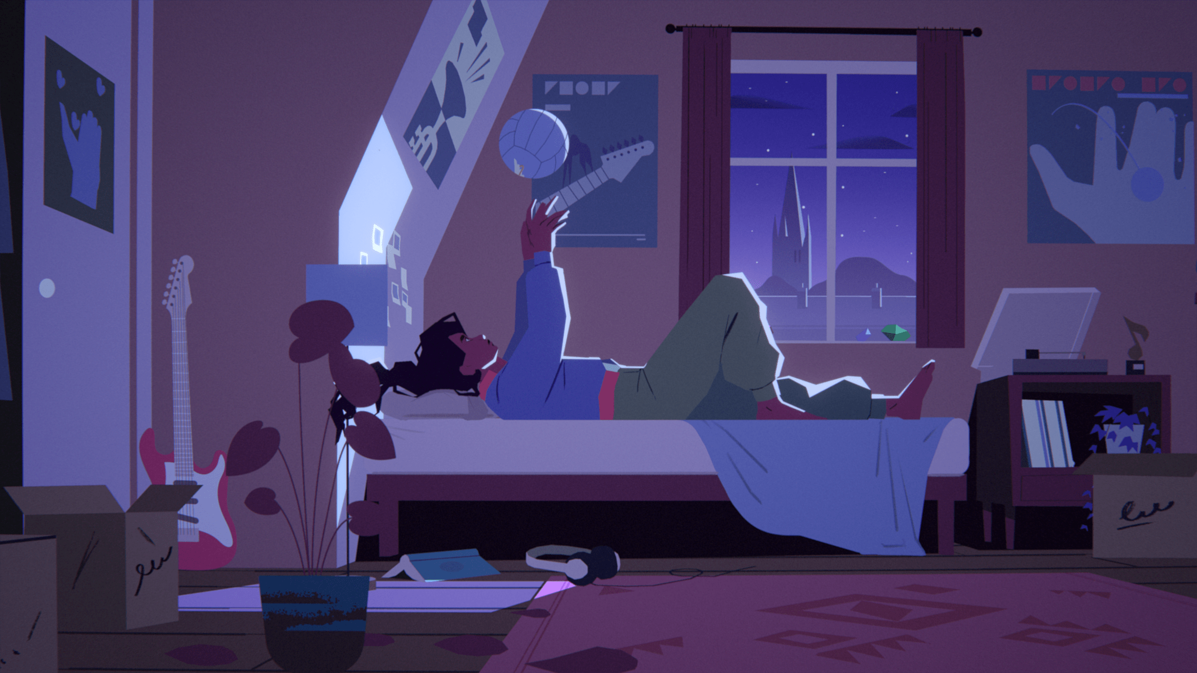 Screeenshot from Desta: The Memories Between featuring the titular character Desta lying on their bed in a disheveled dark room tossing a ball into the air