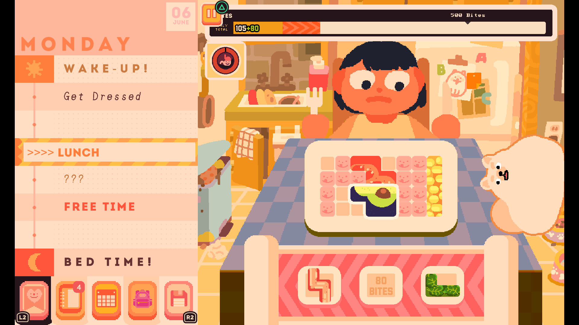 Screenshot from the game Consume Me featuring a cartoonish young woman holding a knife and fork looking dejectedly at a meal while sitting at a kitchen table.