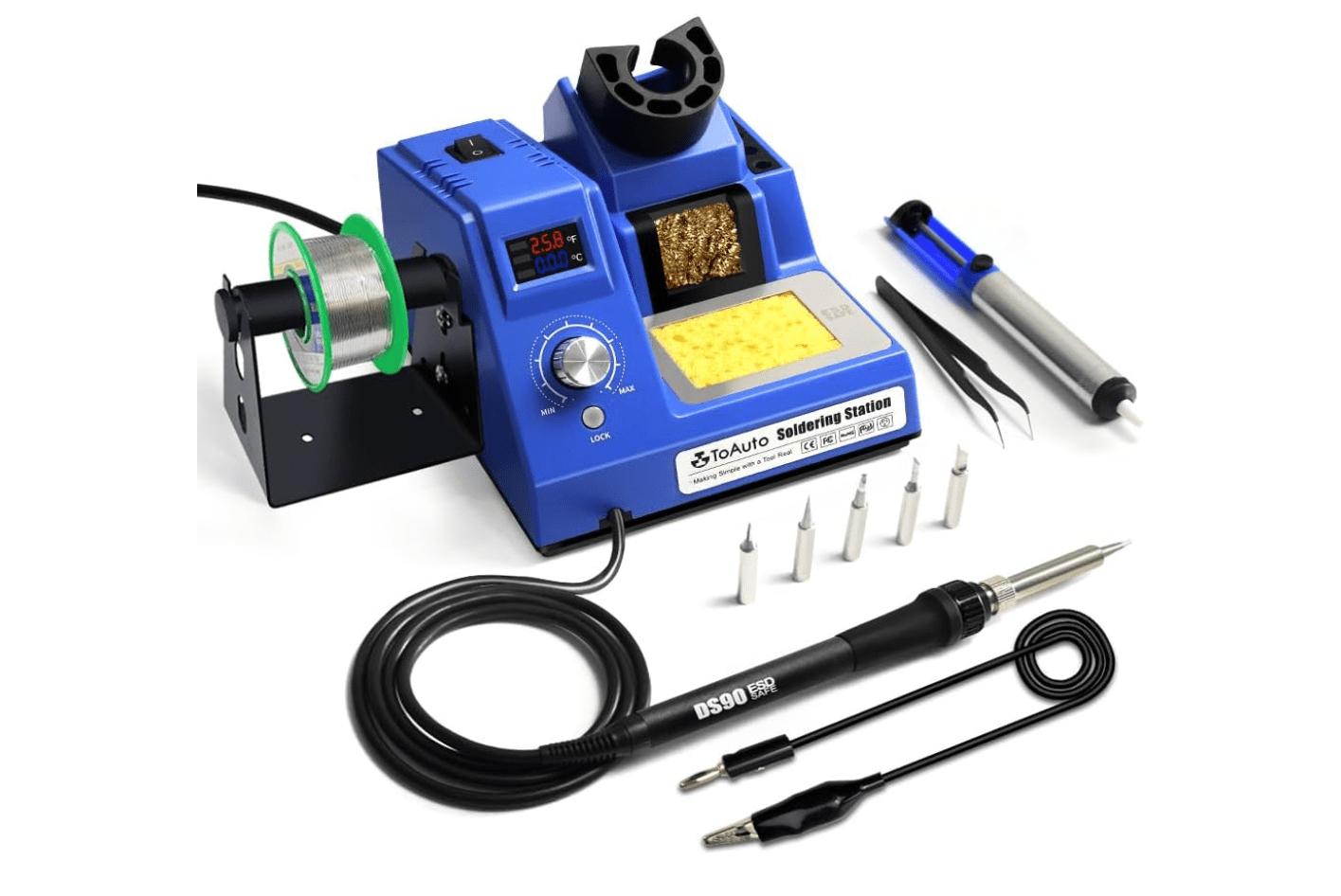 Soldering kit including station, soldering iron, and various tips and wires.