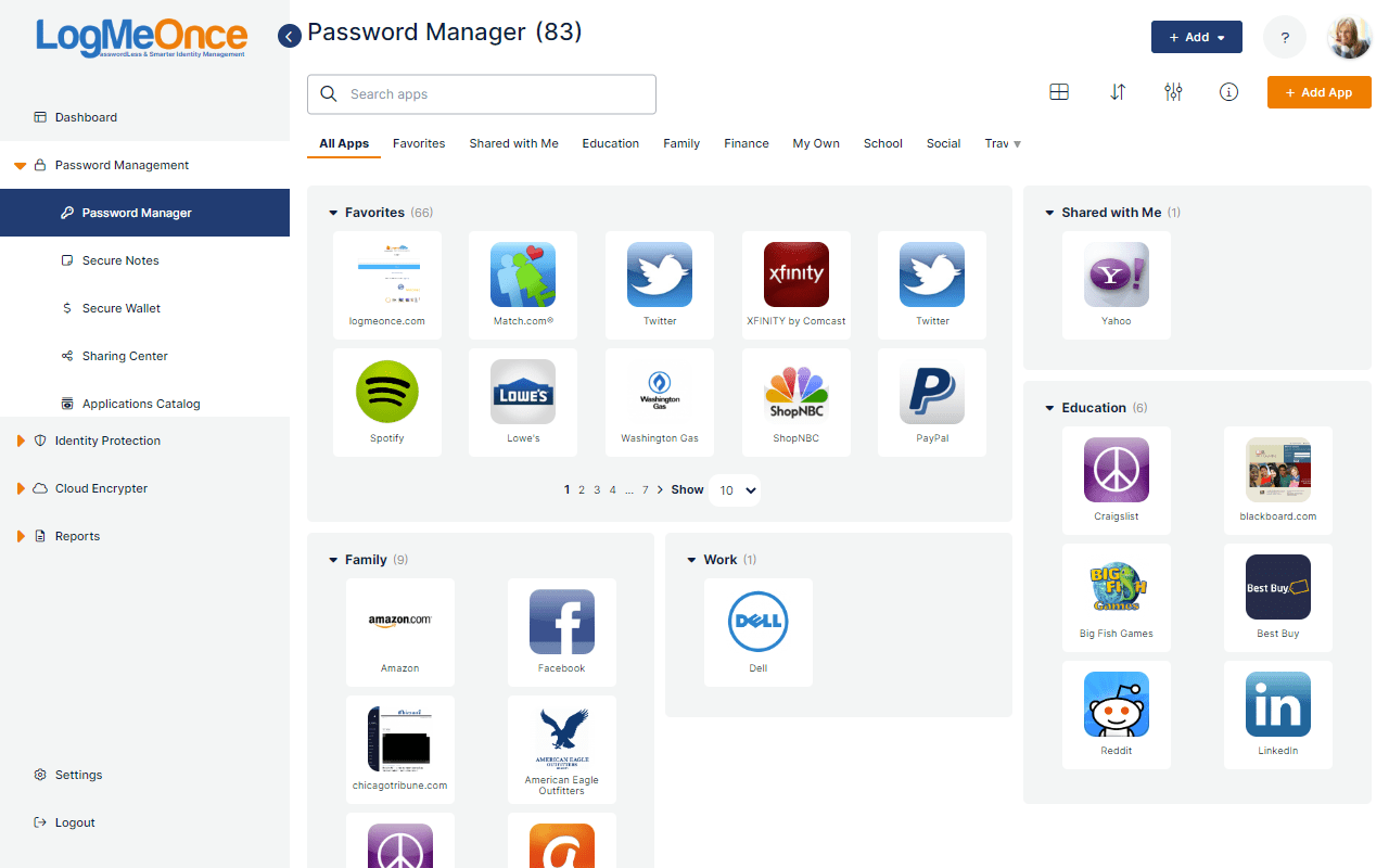 LogMeOnce web page showing icons of all the various websites that it has the passwords to, with a menu on hte left.
