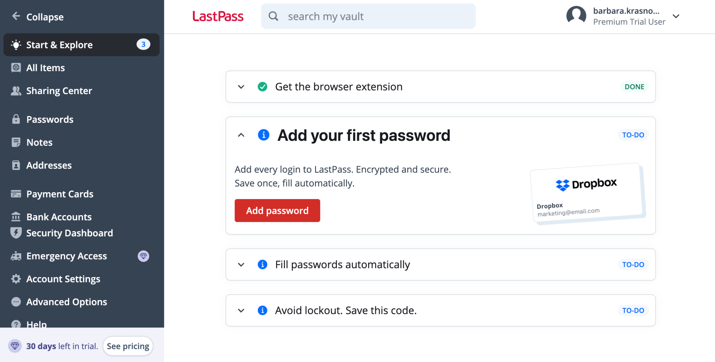 LastPass web page with menu on left and offer to add your first password in center.