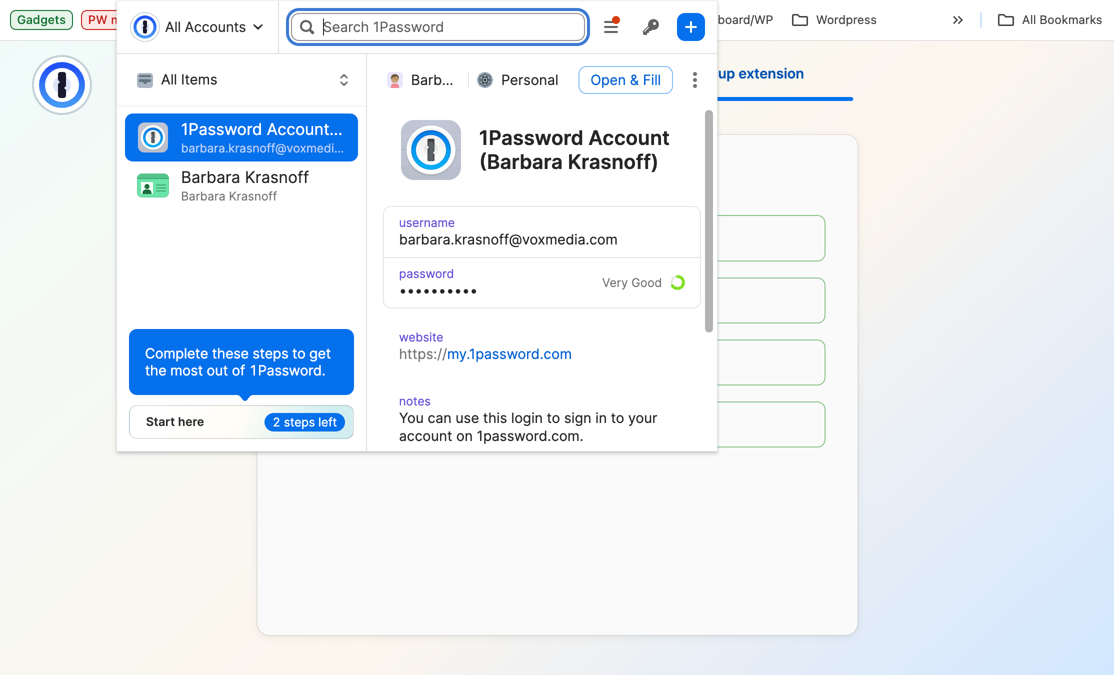 1Password web page showing drop-down menu with information about the account.