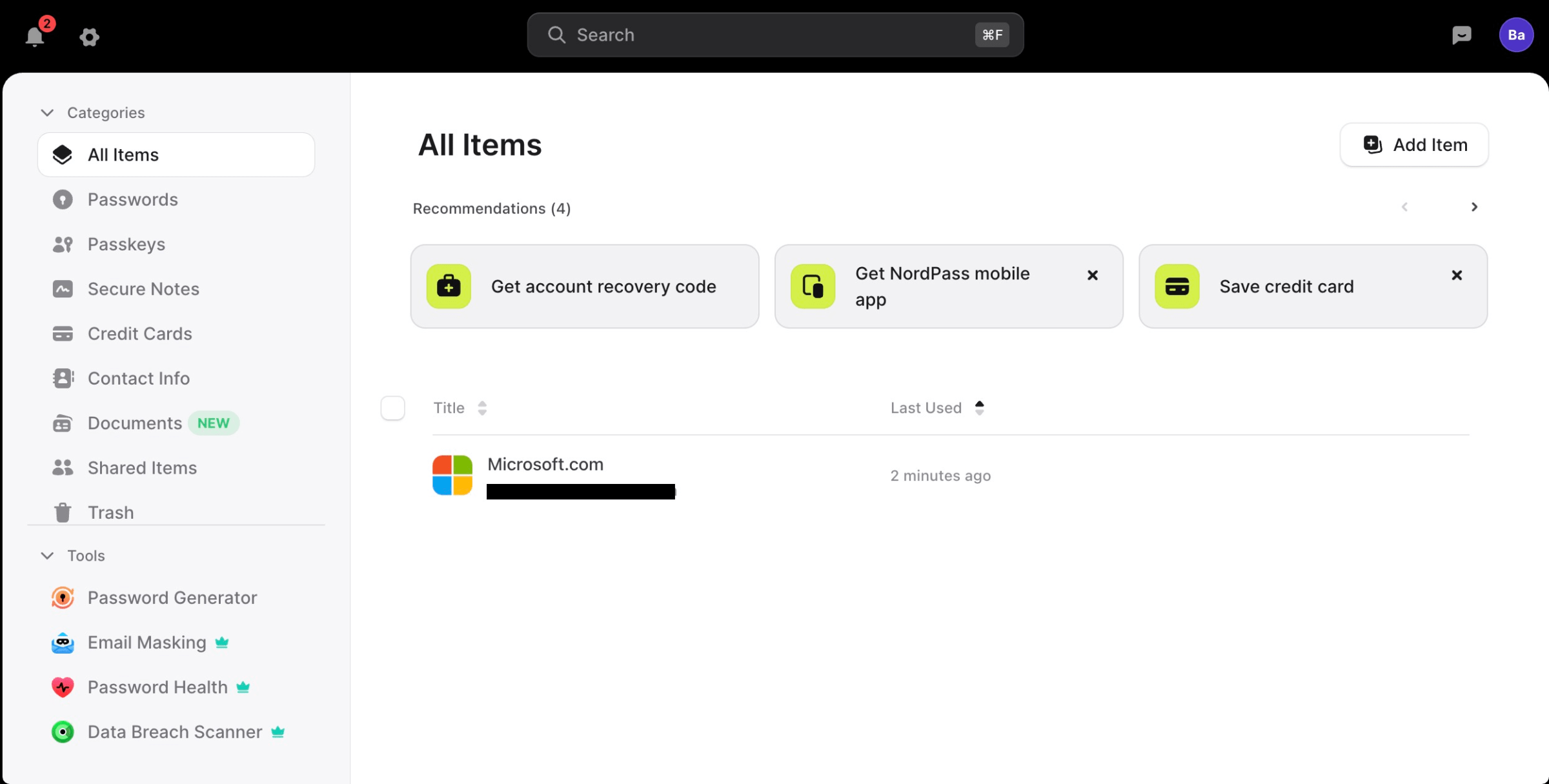NordPass web page showing menu on left and three buttons in center to get account recovering code, get the mobile app, or save a credit card.