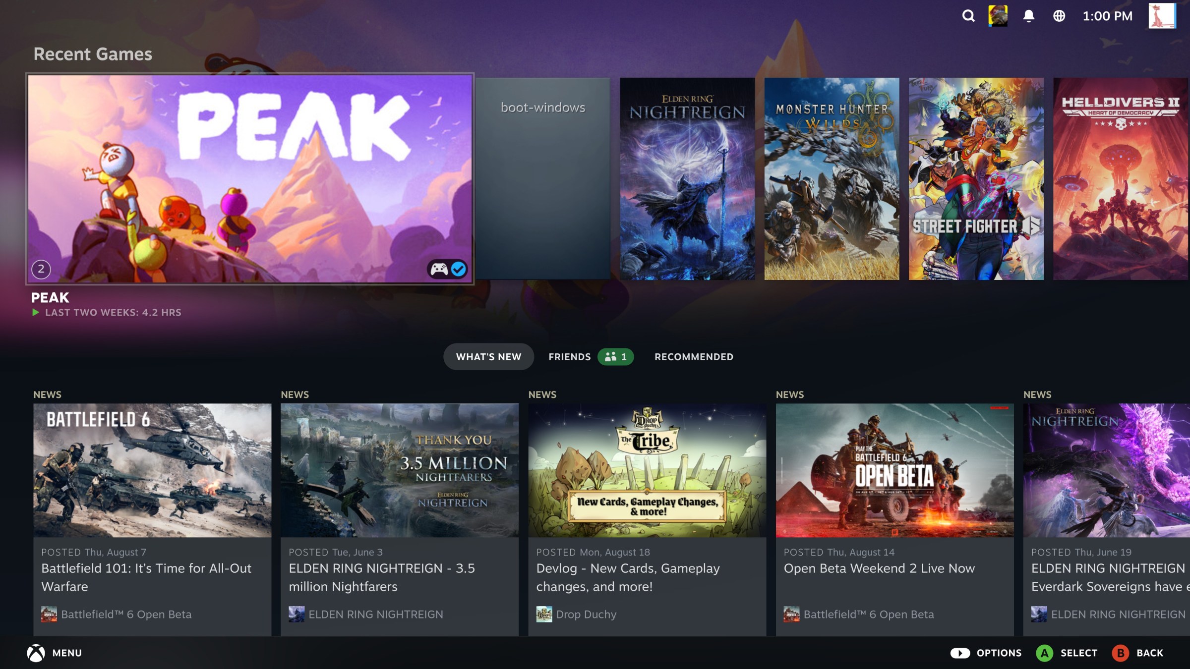 Bazzite’s Game Mode Home Screen is basically Steam’s Big Picture Mode. You can see my “reboot into Windows” shortcut in the top row.
