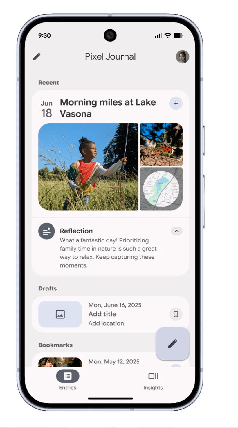 Render showing an example of Pixel Journal app showing an AI-generated reflection reading “What a fantastic day! prioritizing family time in nature is such a great way to relax. Keep capturing these moments.”