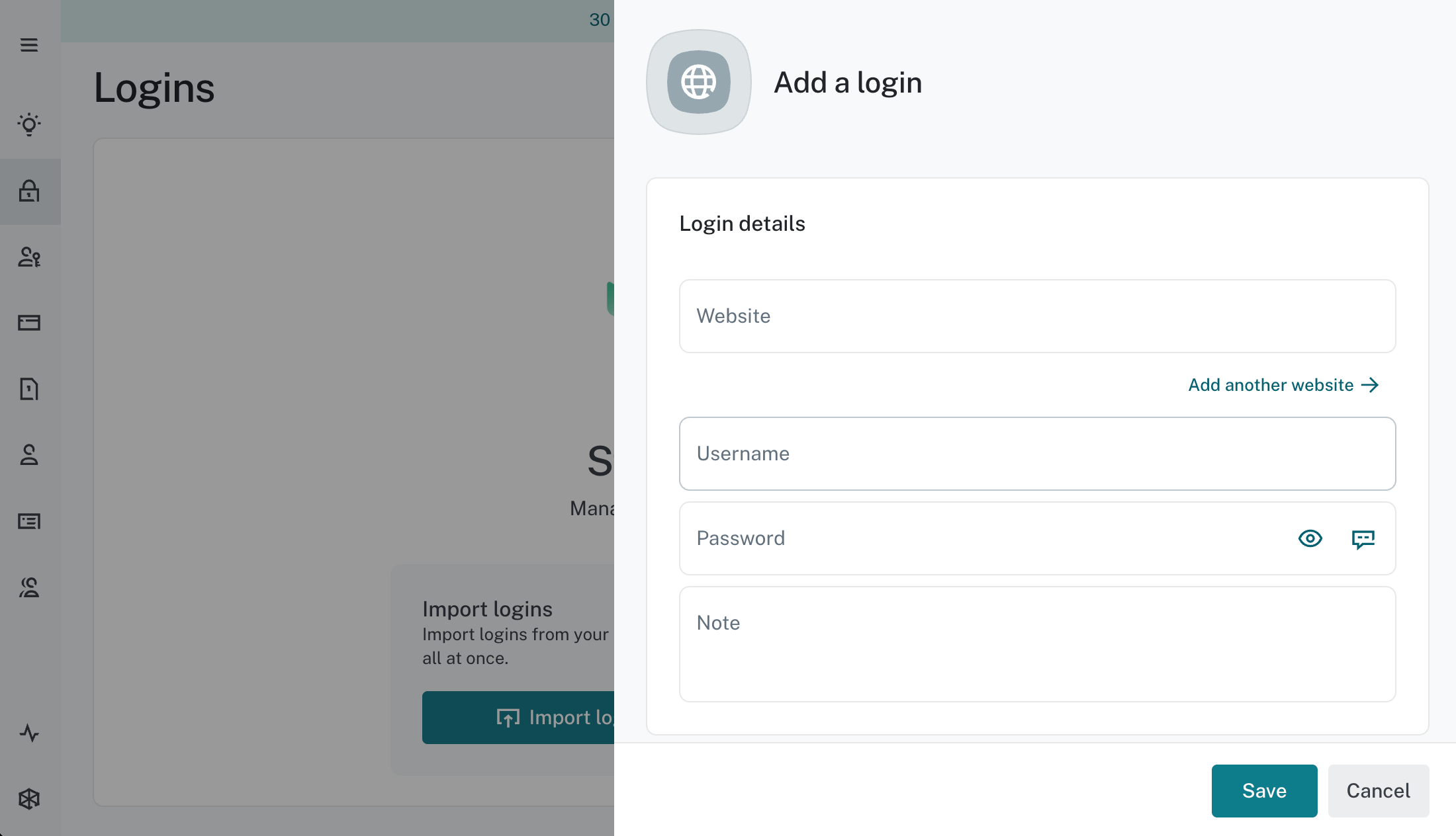 Dashlane web page that has a form to add a new login.