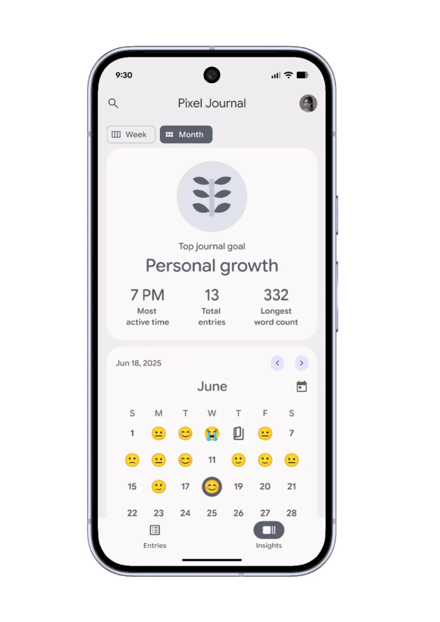 Render of the Pixel Journal app showing the calendar with emojis representing your entries’ moods.