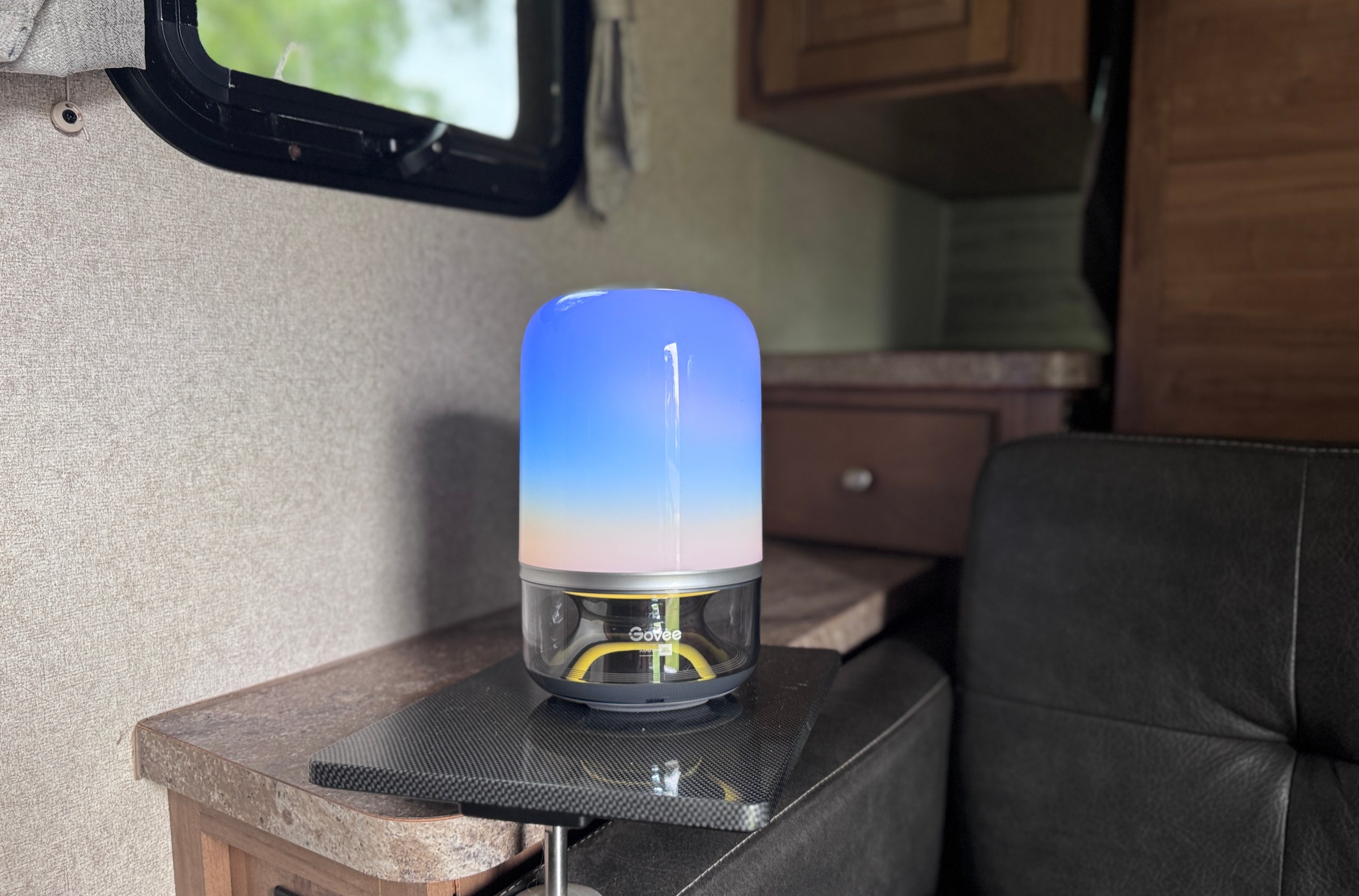 This Govee portable Bluetooth speaker / lamp with a built-in battery was very handy when we had to switch off the power.