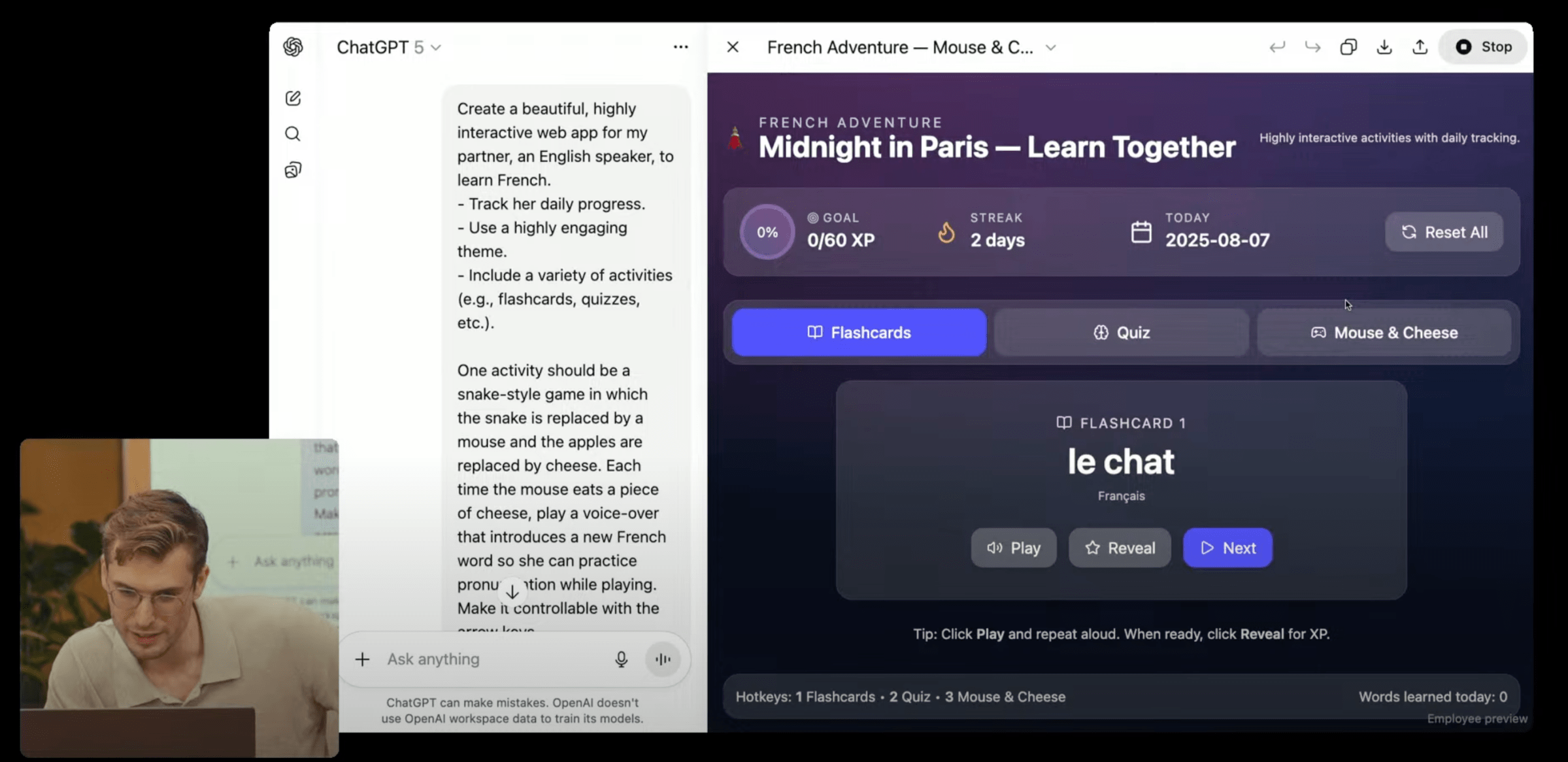 ChatGPT quickly generated a French language-learning website based on a detailed description.