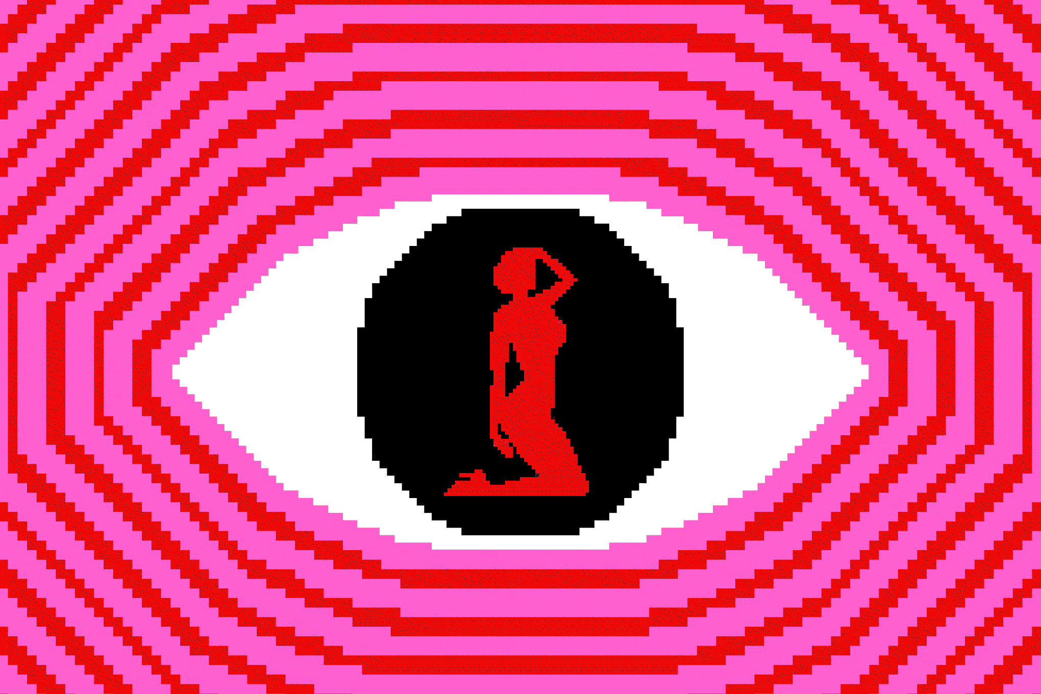 Gif of a female form in a suggestive pose sitting in the middle of a stylized eye