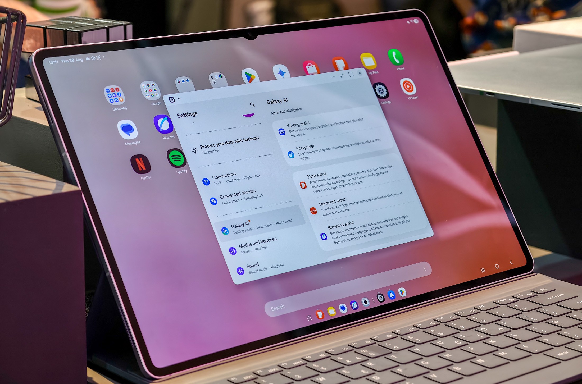 Samsung Galaxy Tab S11 Ultra with AI tools open and keyboard attached
