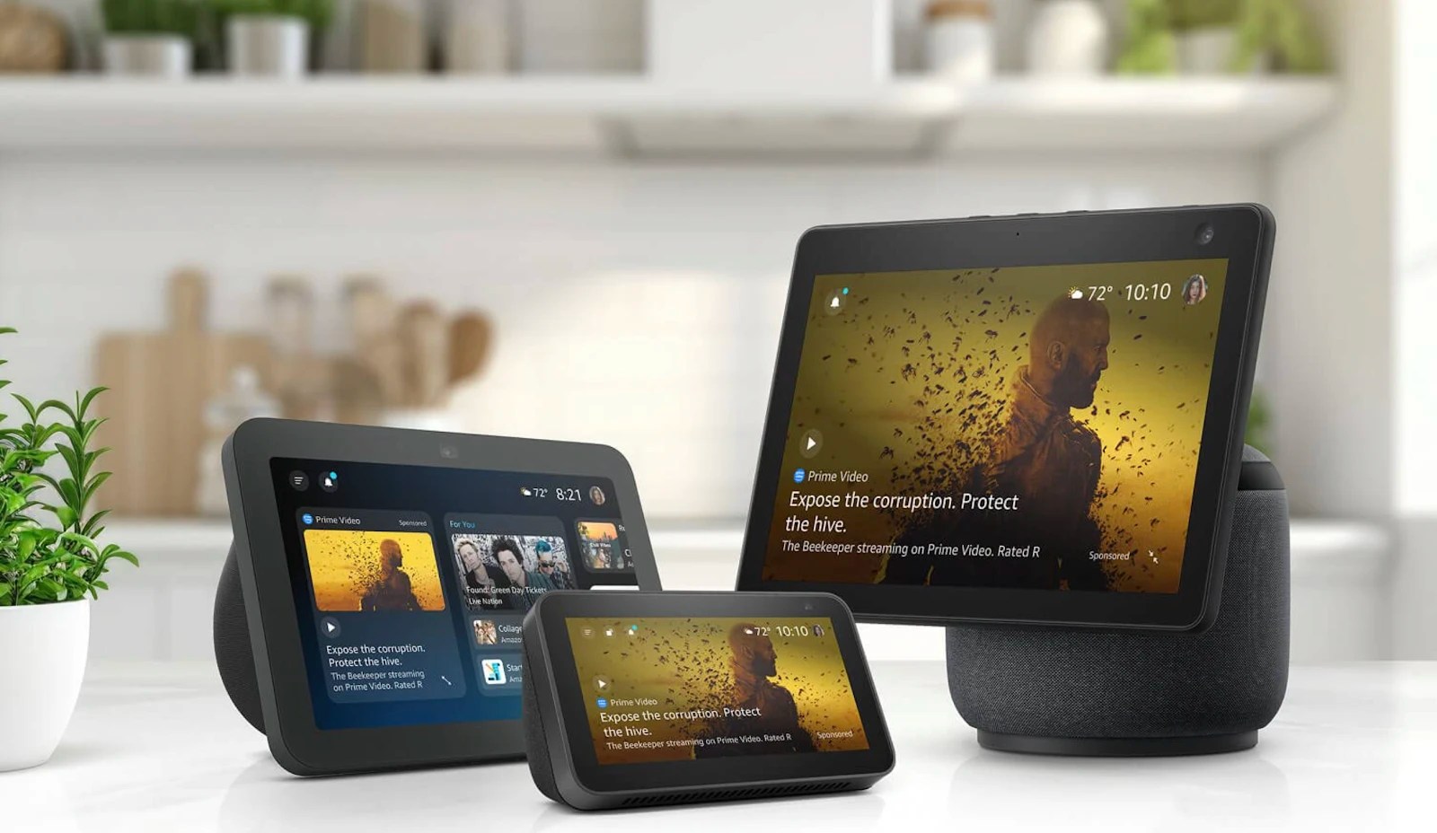 The full-screen ads segue into smaller widget ads and appear on all the Echo Show devices, as this promotional image from Amazon for advertisers demonstrates.