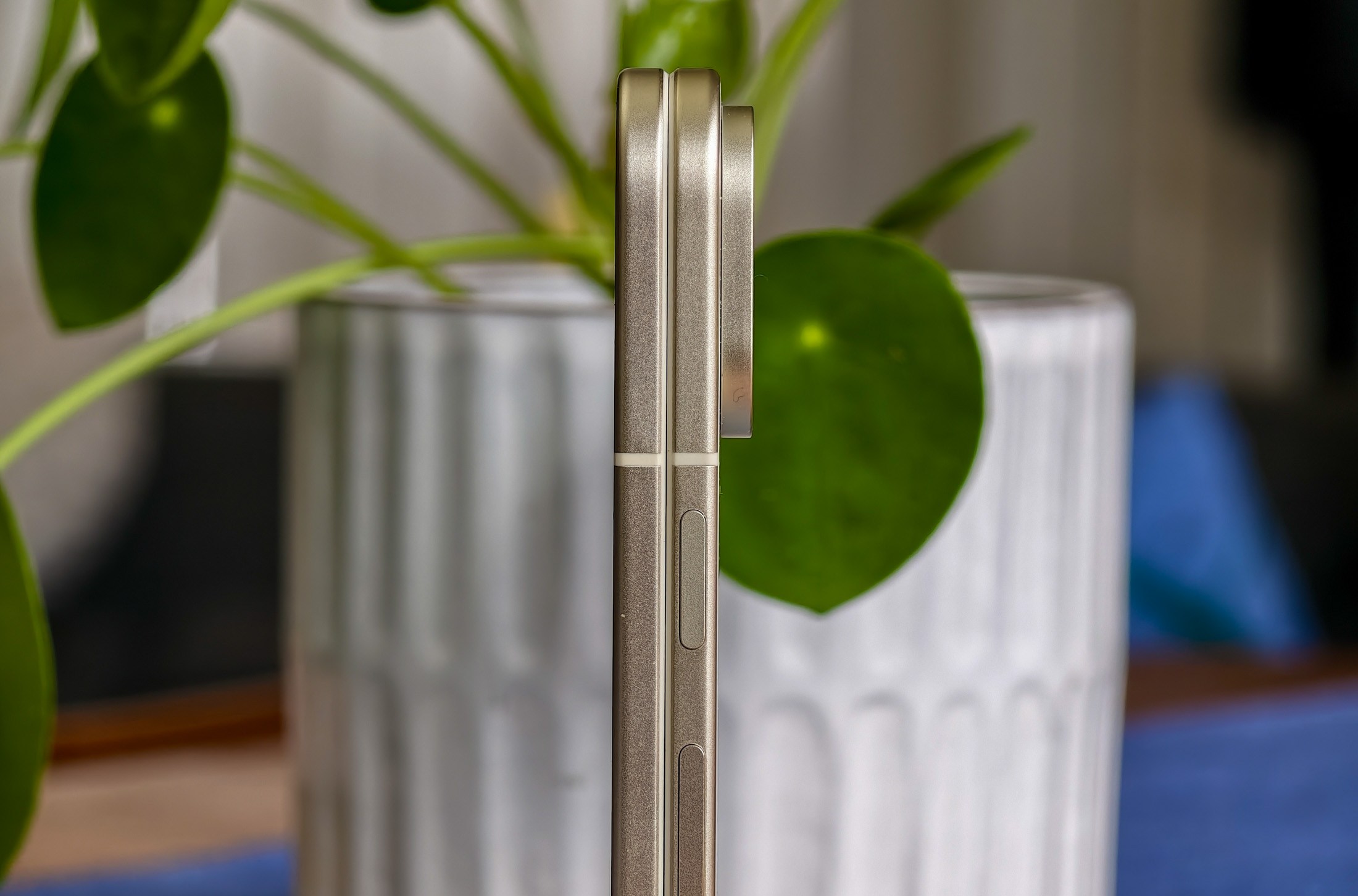 Google Pixel 10 Pro Fold shown from the side in front of a pot plant