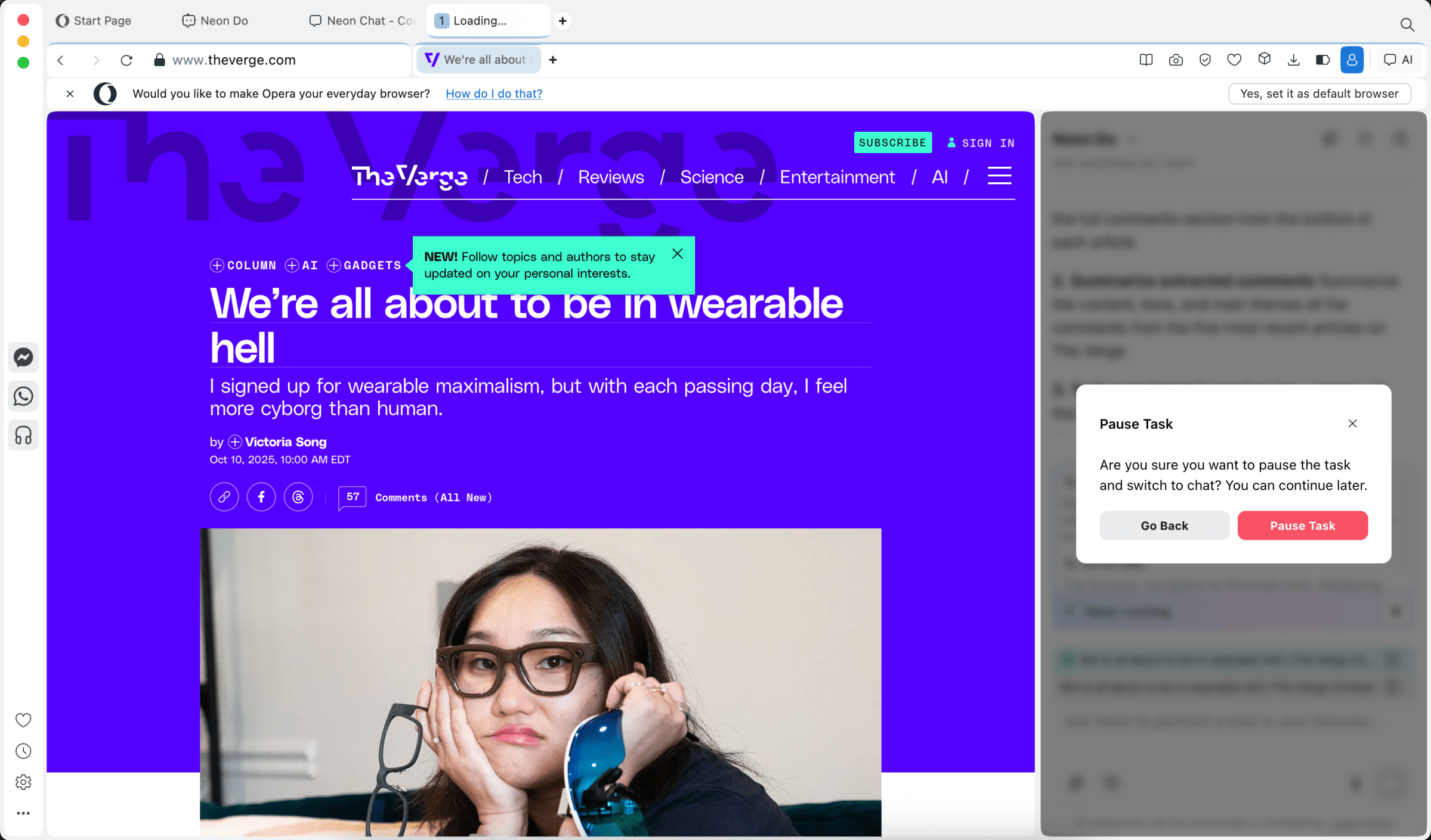 Screenshot of The Verge’s Victoria Song on Opera’s Neon browser.