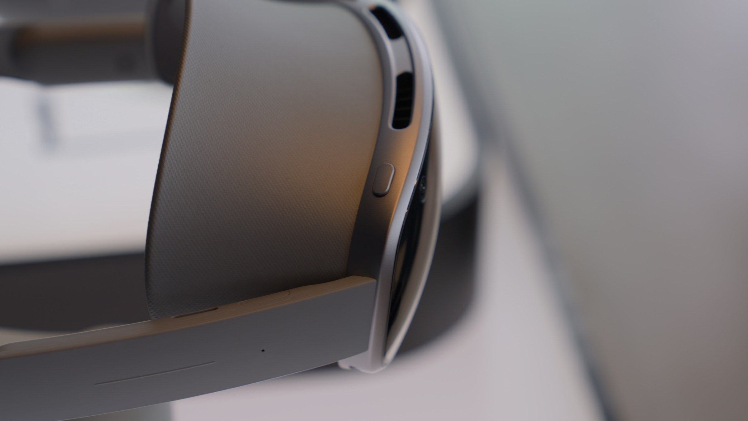 Close up of power button on Galaxy XR headset.